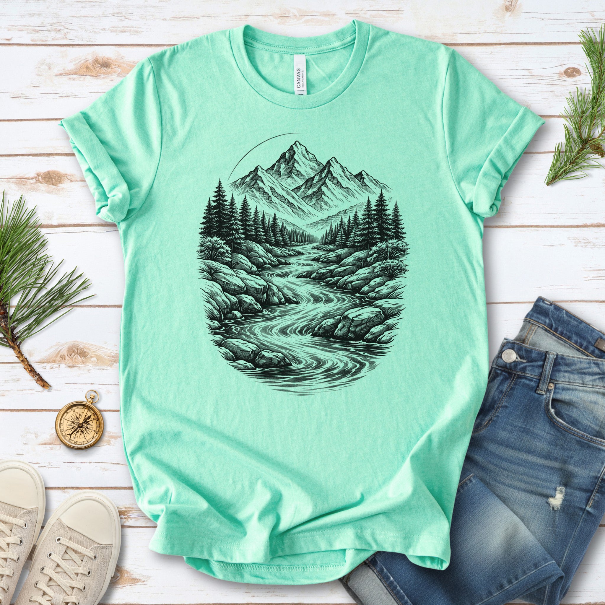 Mountain Run T-Shirt – Sketch-Style River & Alpine Forest Tee