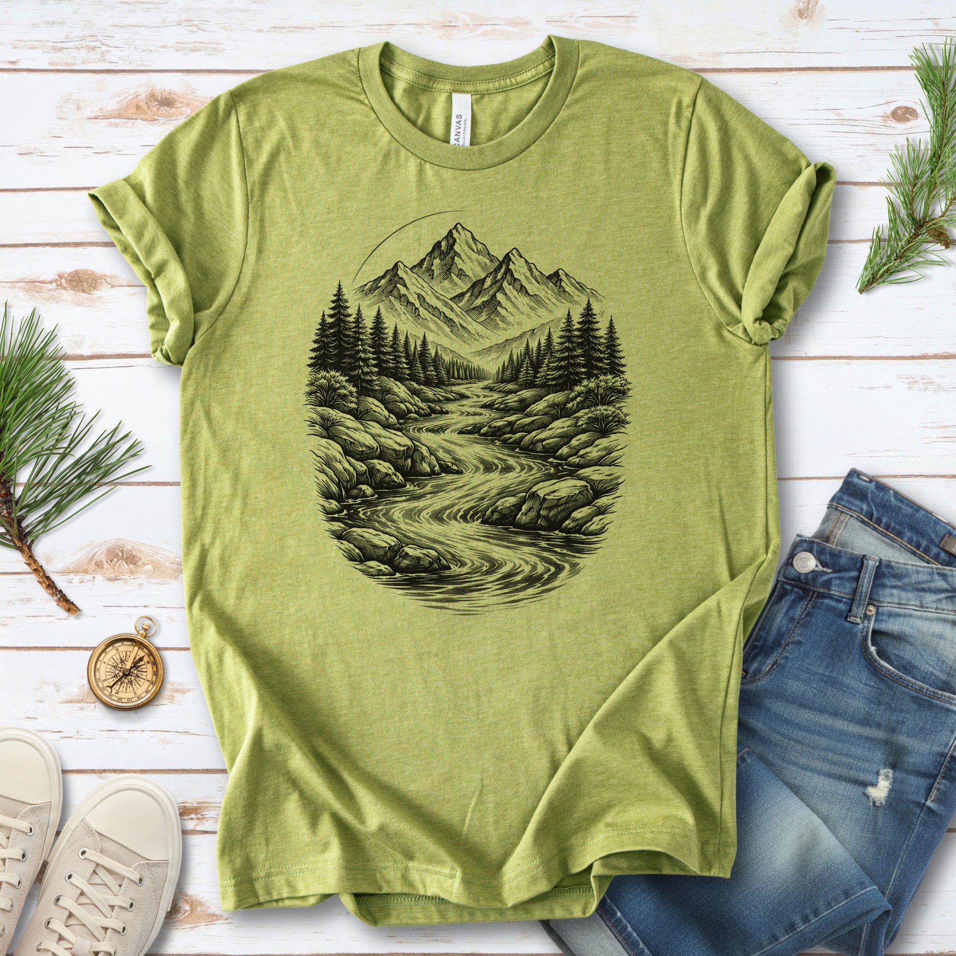 Mountain Run T-Shirt – Sketch-Style River & Alpine Forest Tee