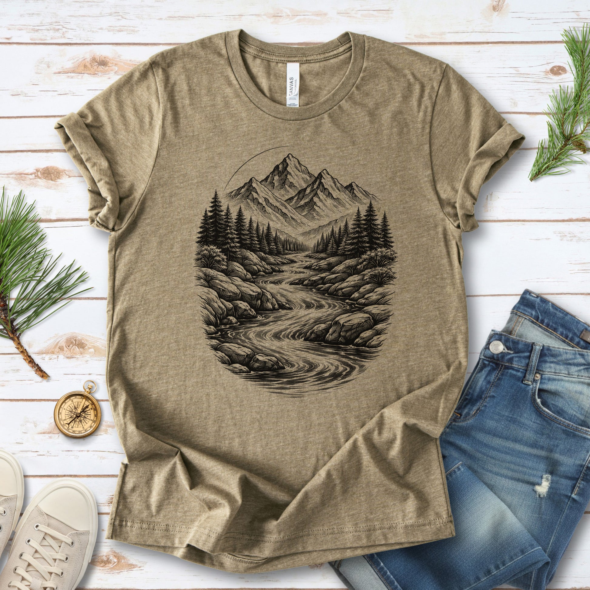 Mountain Run T-Shirt – Sketch-Style River & Alpine Forest Tee