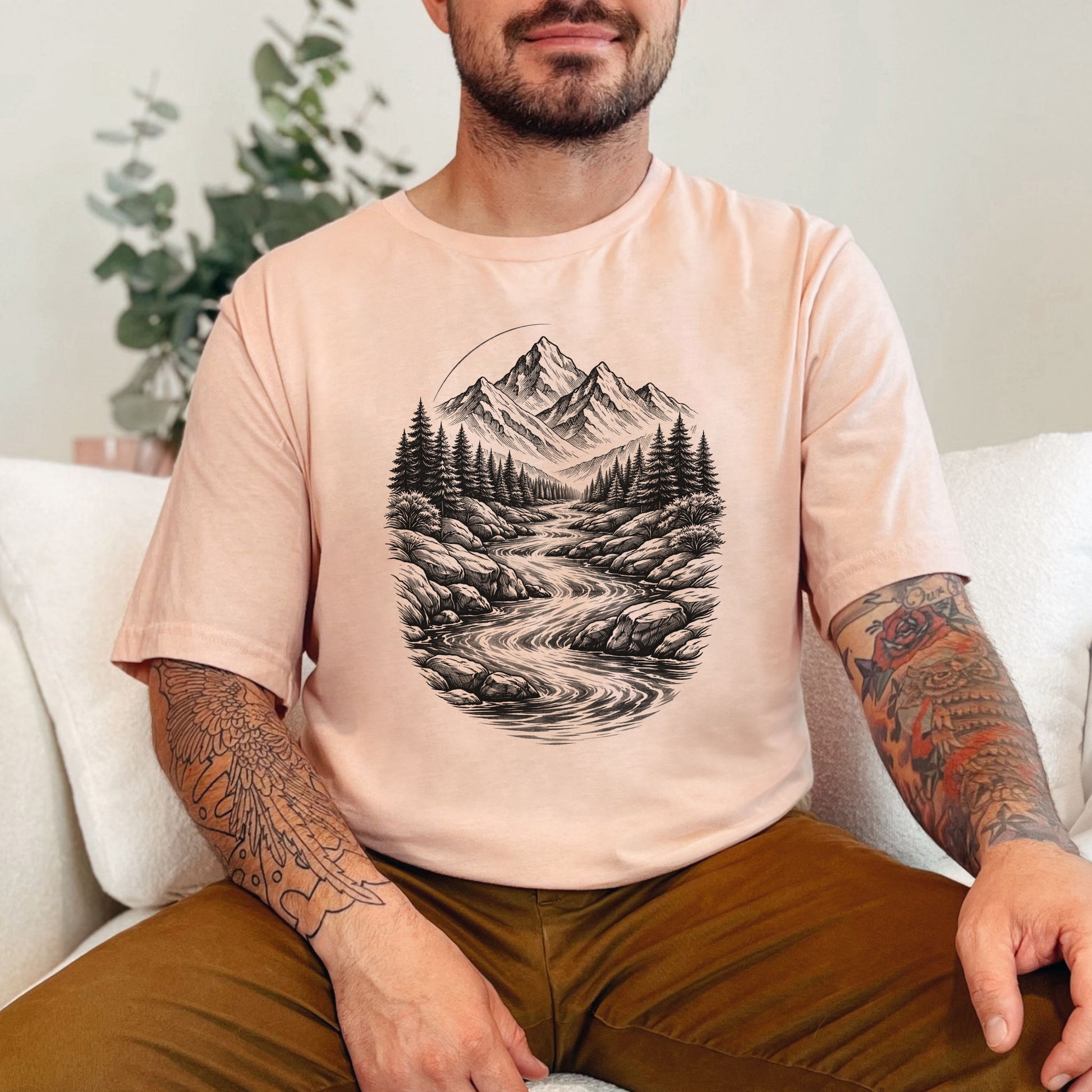 Mountain Run T-Shirt – Sketch-Style River & Alpine Forest Tee