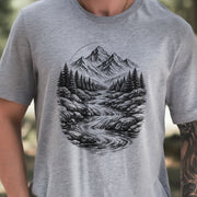 Mountain Run T-Shirt – Sketch-Style River & Alpine Forest Tee