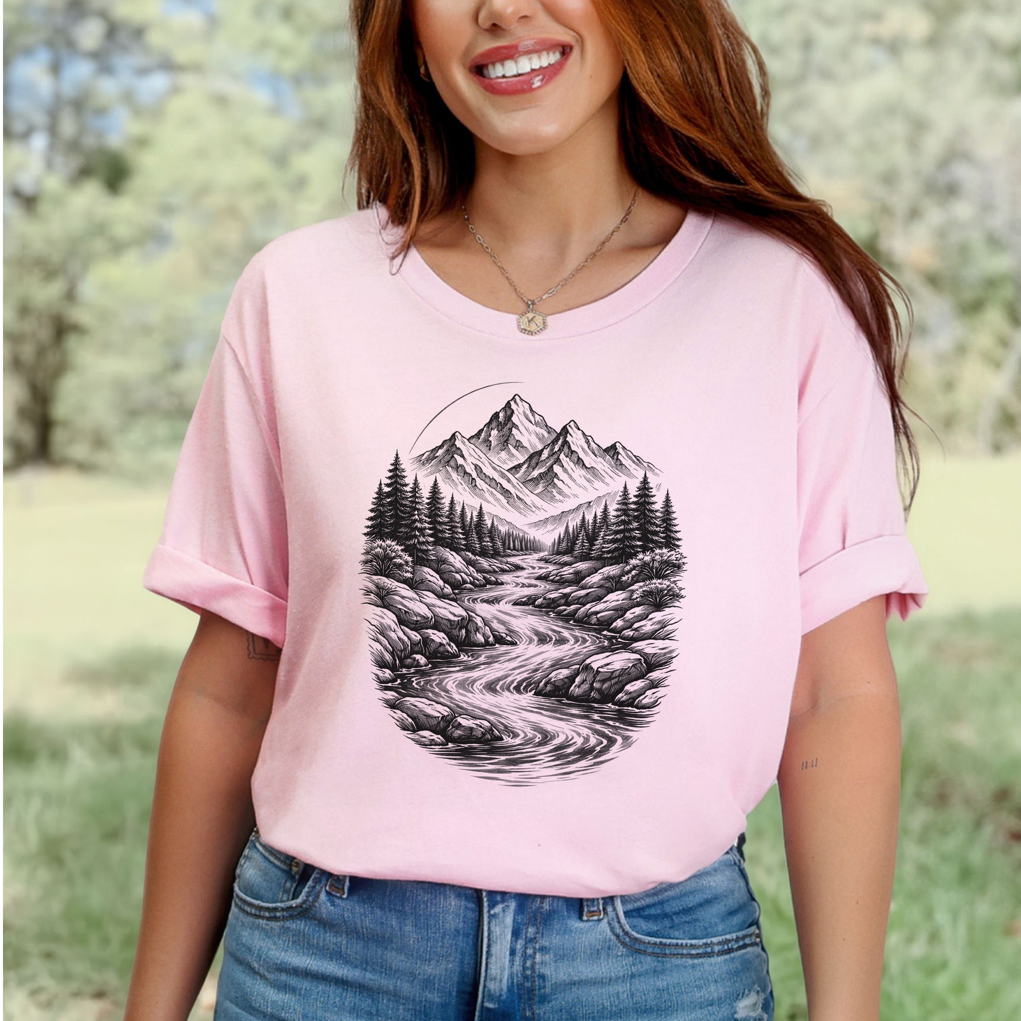 Mountain Run T-Shirt – Sketch-Style River & Alpine Forest Tee