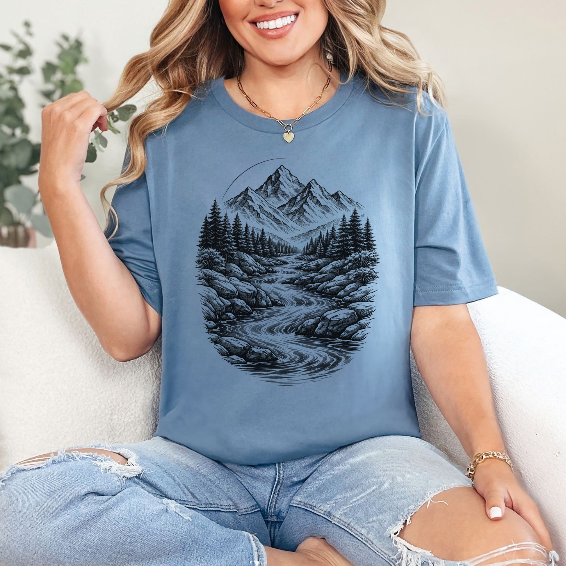 Mountain Run T-Shirt – Sketch-Style River & Alpine Forest Tee