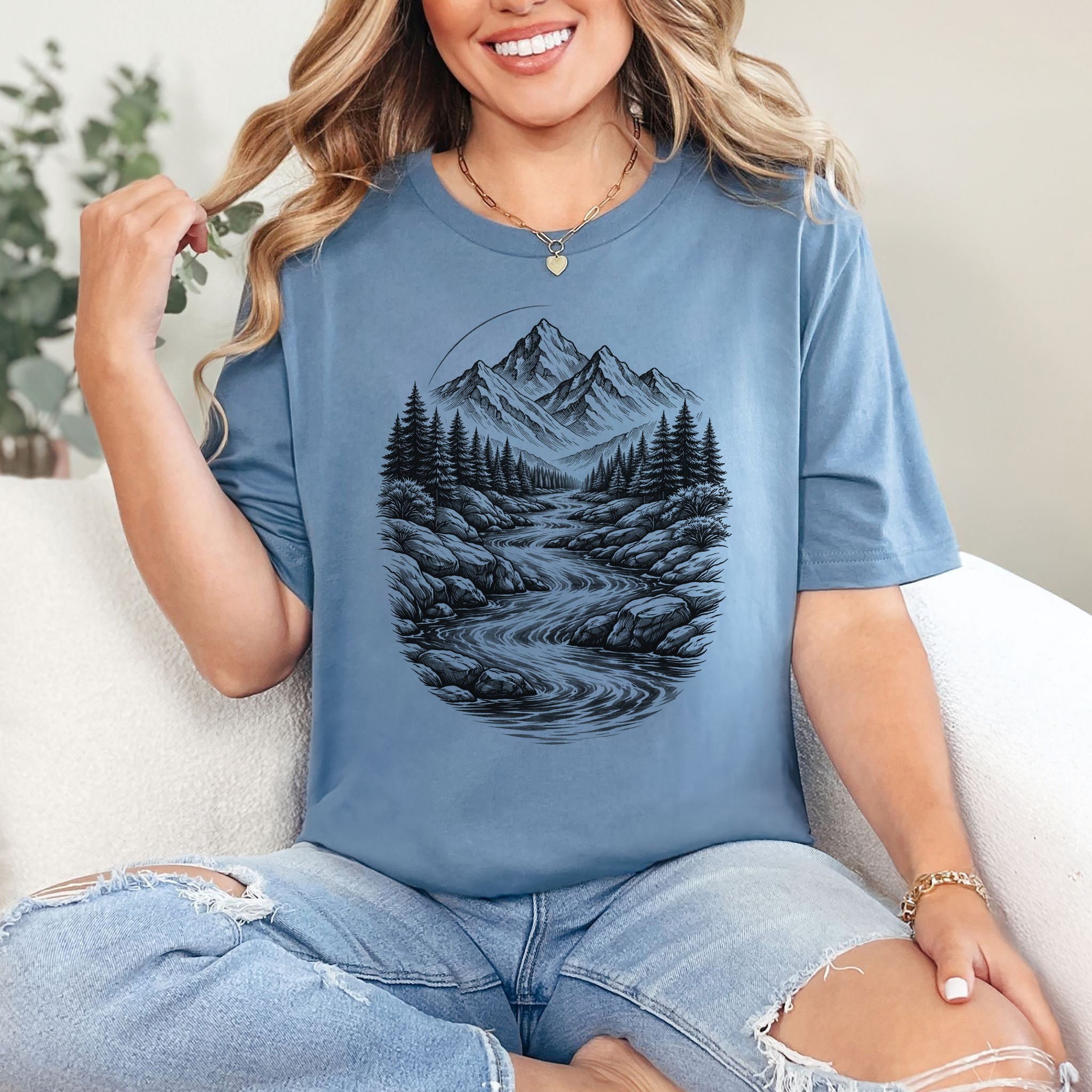 Mountain Run T-Shirt – Sketch-Style River & Alpine Forest Tee
