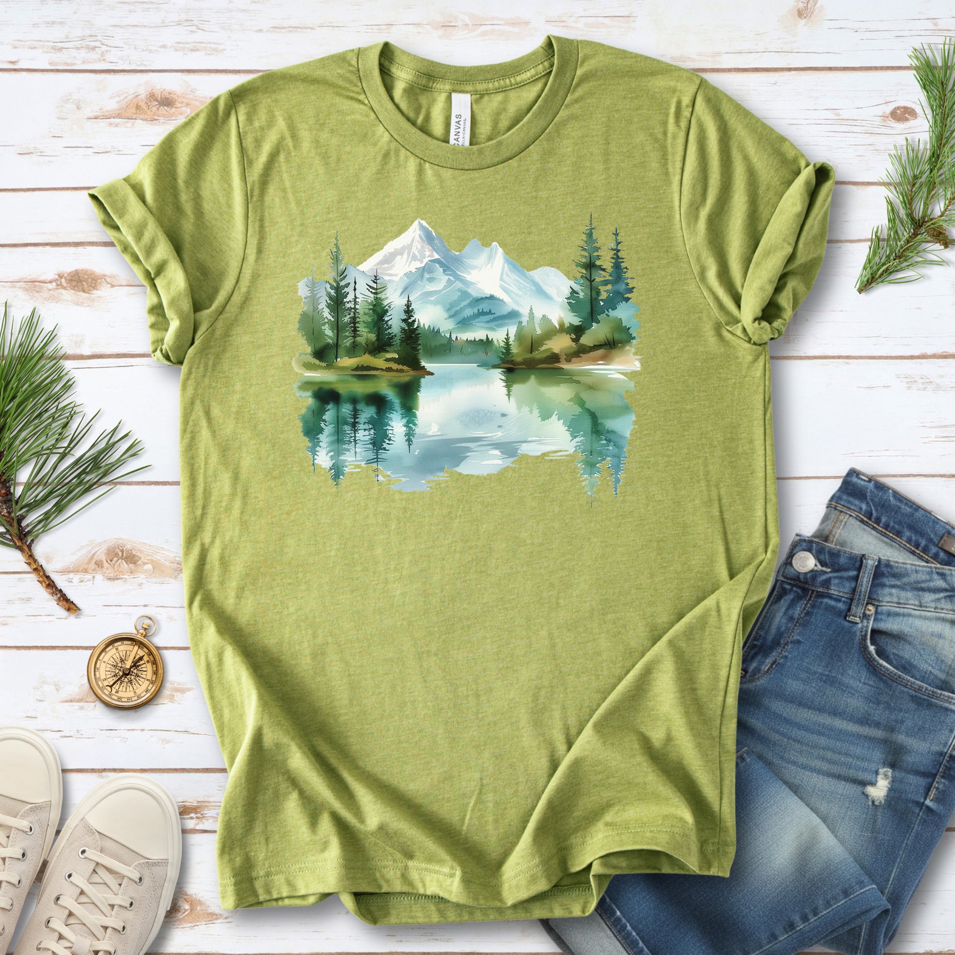 Mountain Watercolor T-Shirt – Serene Alpine Lake & Forestcore Art Tee