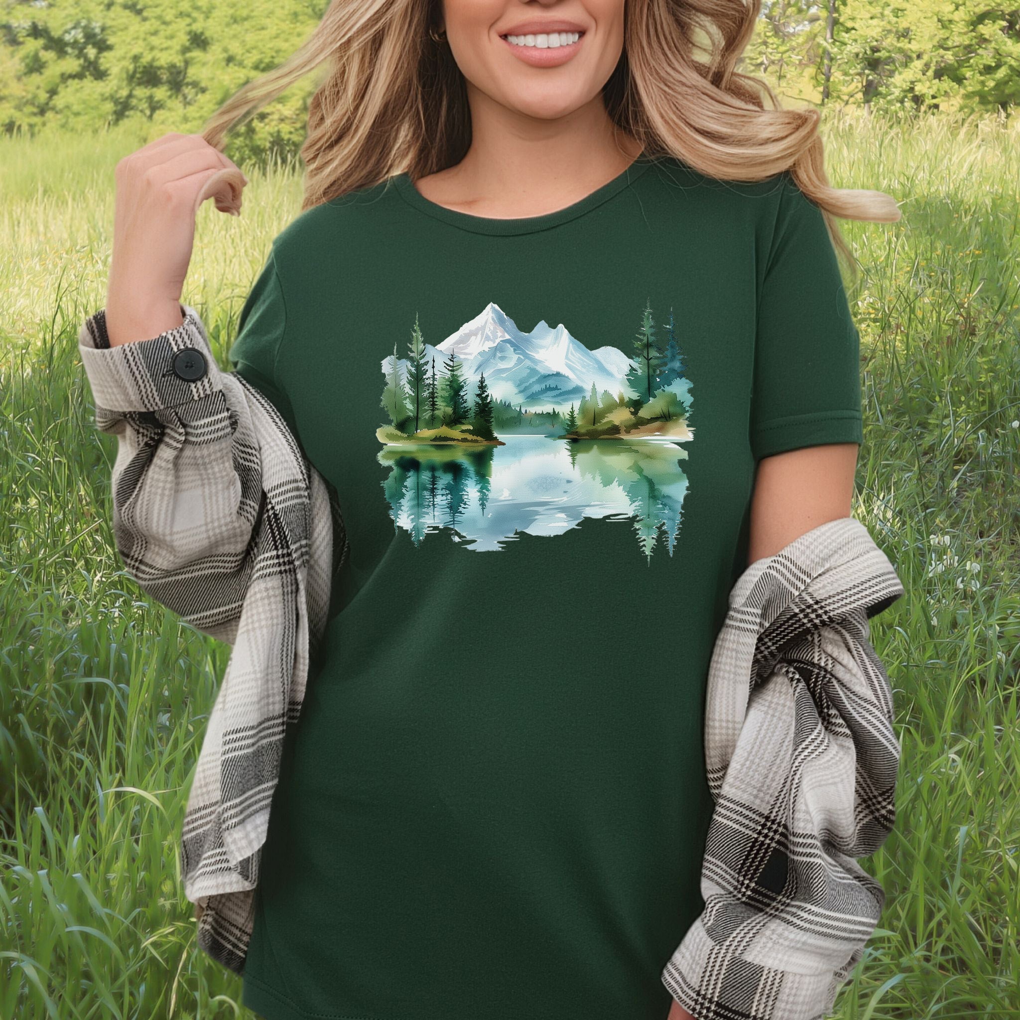 Mountain Watercolor T-Shirt – Serene Alpine Lake & Forestcore Art Tee