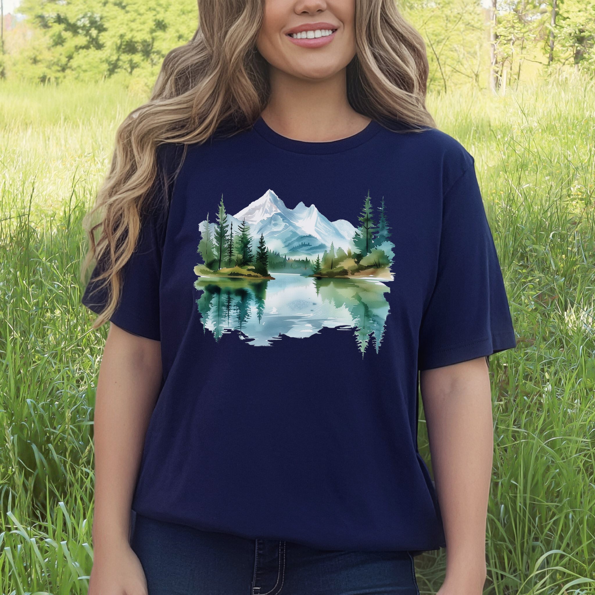 Mountain Watercolor T-Shirt – Serene Alpine Lake & Forestcore Art Tee