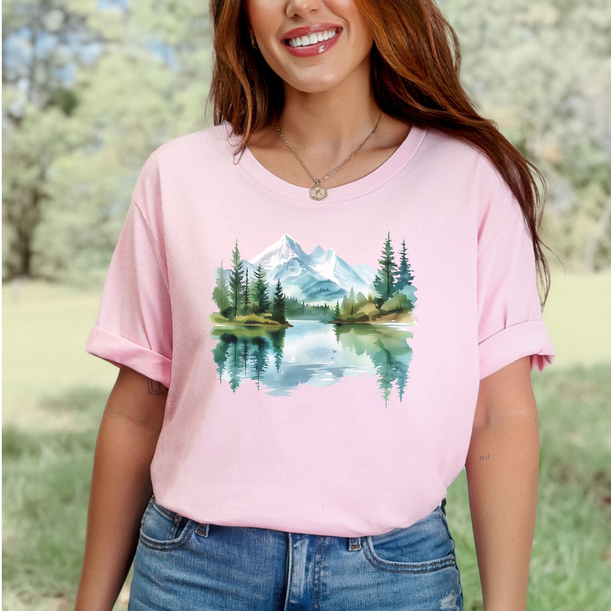 Mountain Watercolor T-Shirt – Serene Alpine Lake & Forestcore Art Tee