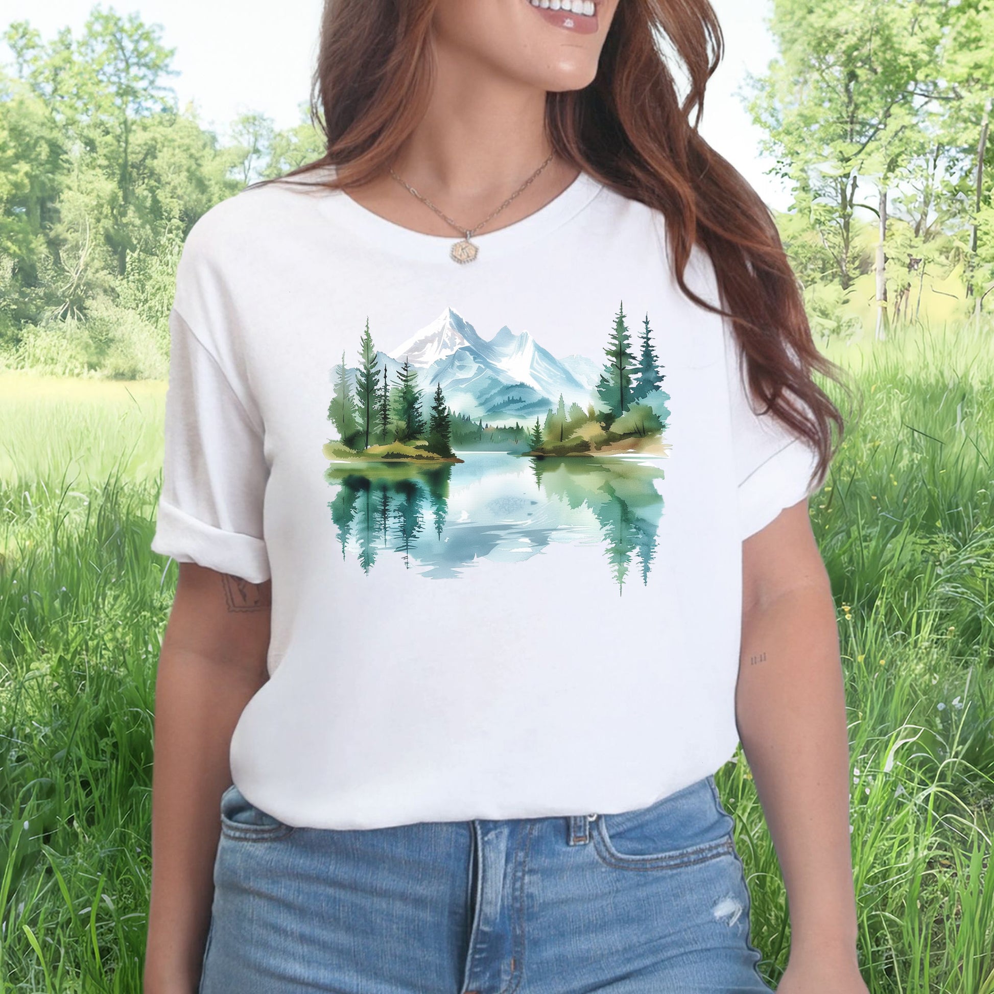 Mountain Watercolor T-Shirt – Serene Alpine Lake & Forestcore Art Tee