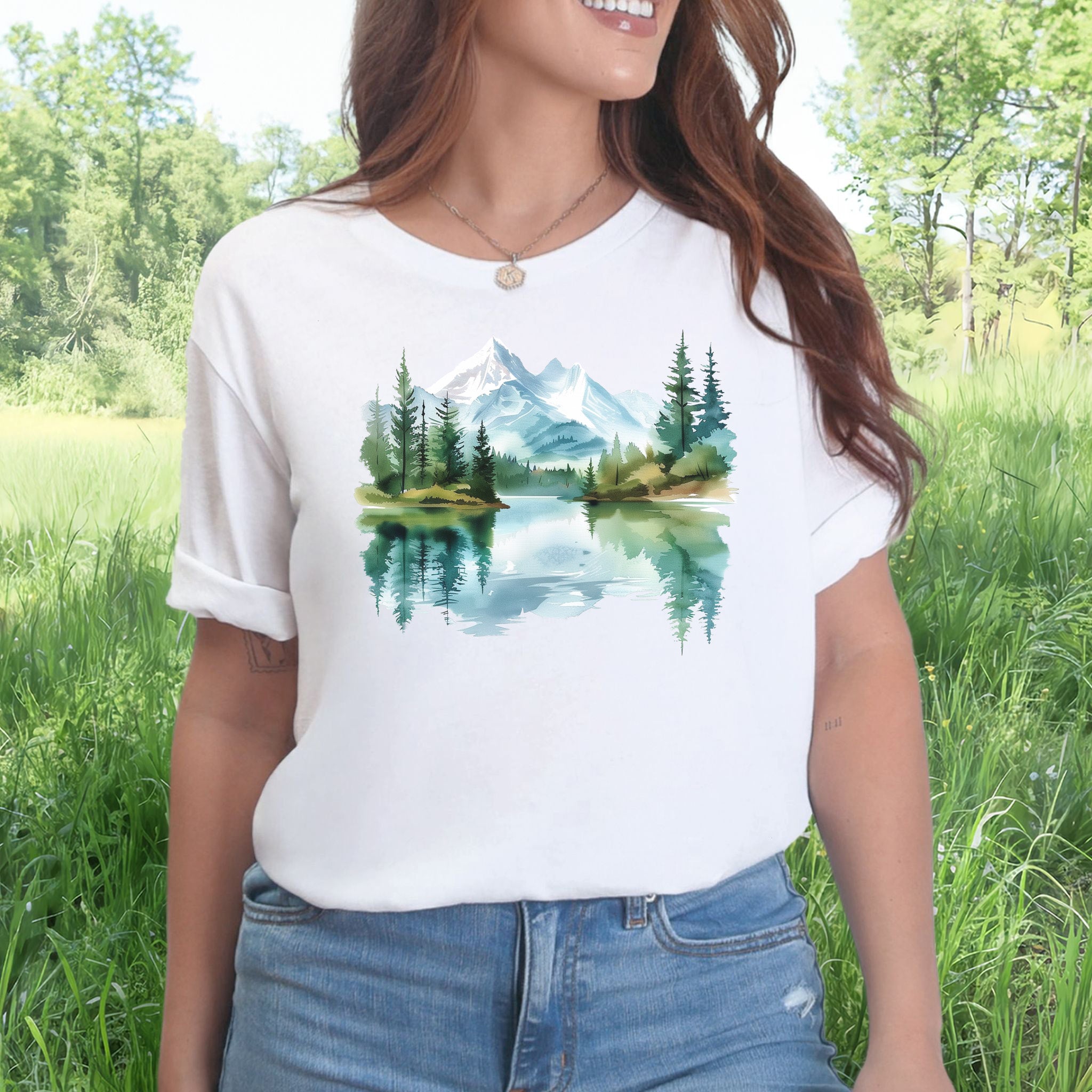 Mountain Watercolor T-Shirt – Serene Alpine Lake & Forestcore Art Tee