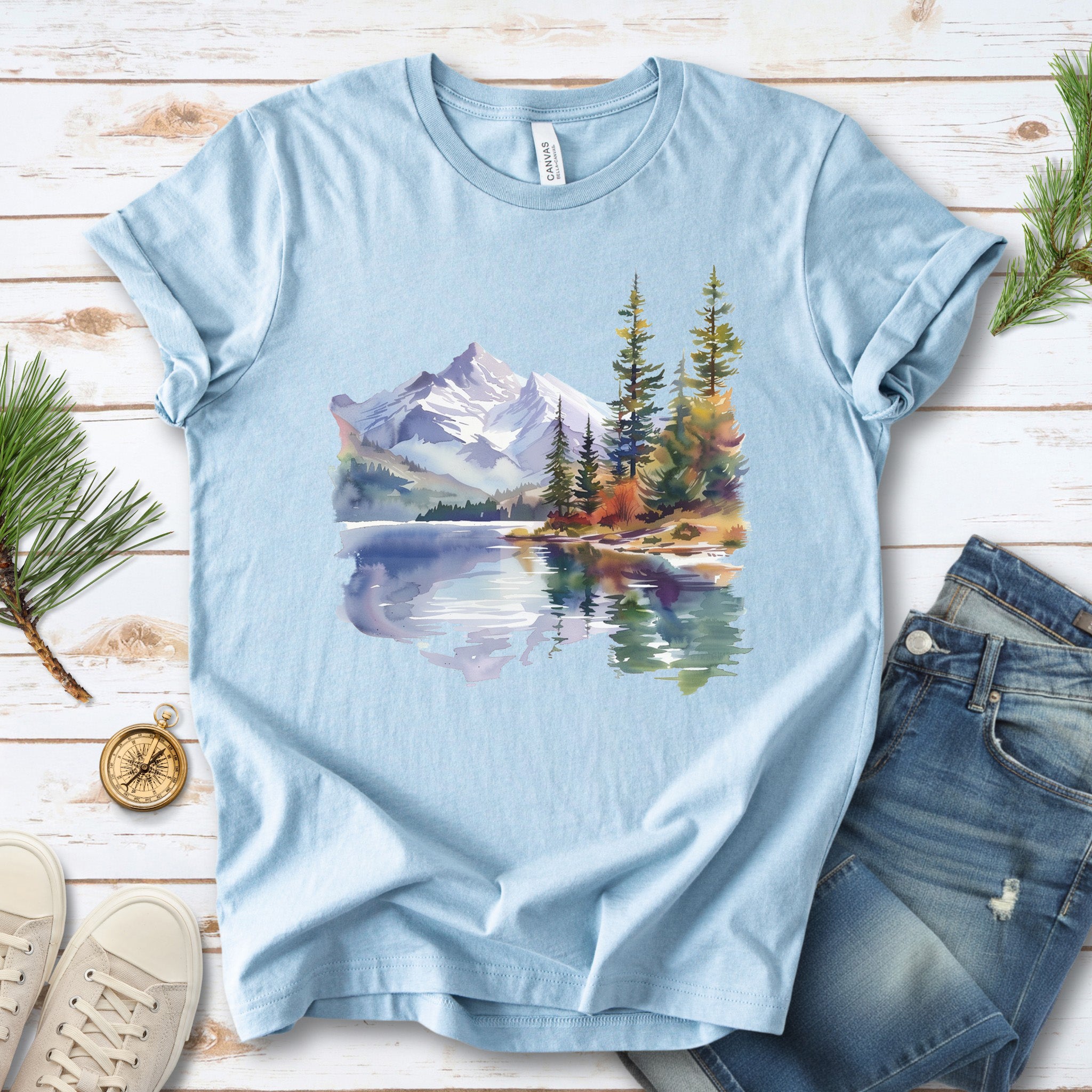 Mountain Watercolor T-Shirt – Alpine Lake Escape & Forestcore Art Tee