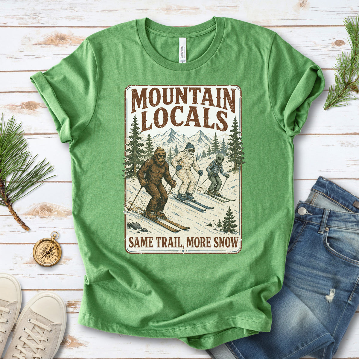 Mountain Locals Same Trail More Snow T-Shirt – Sasquatch Yeti Alien Ski Tee