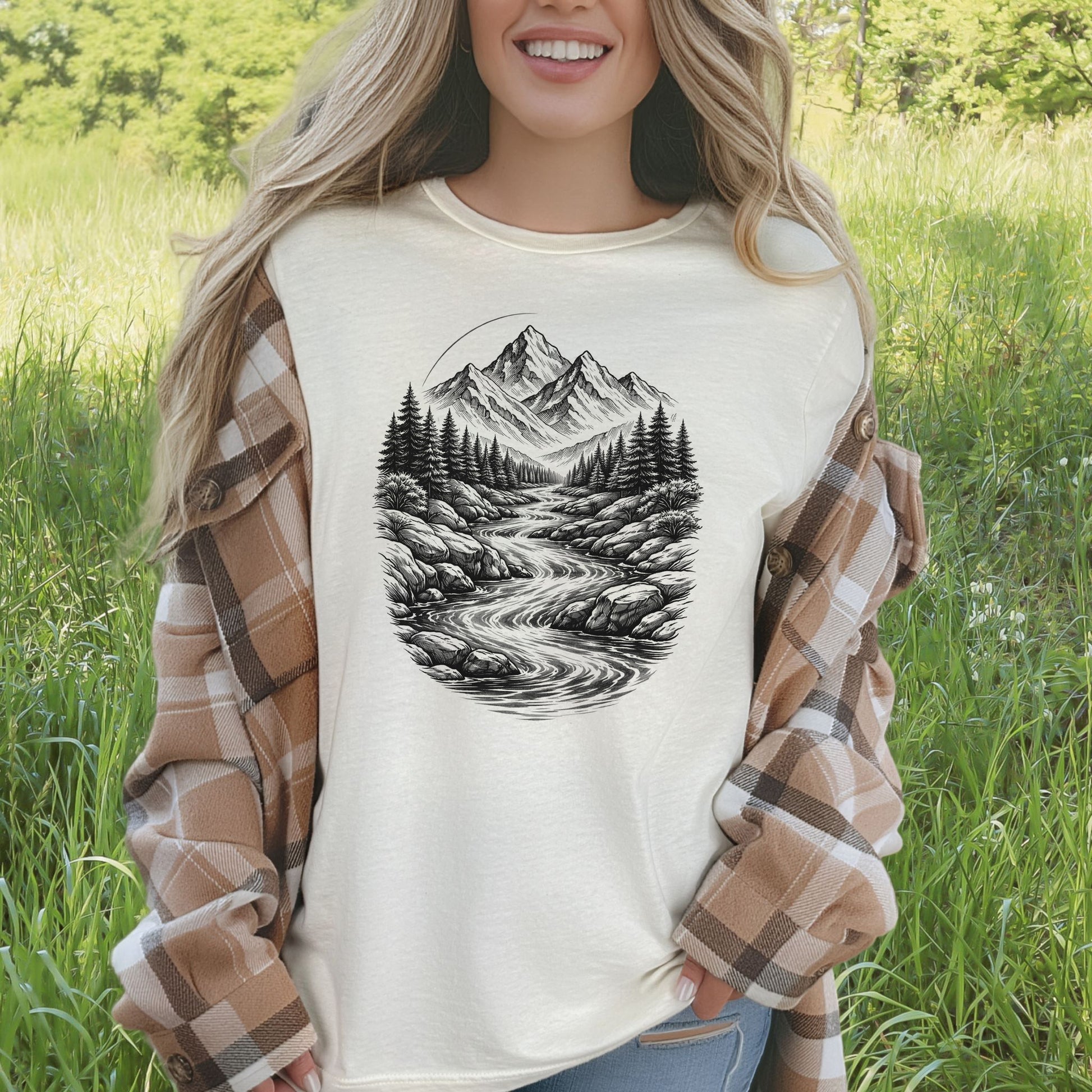 Mountain Run T-Shirt – Sketch-Style River & Alpine Forest Tee