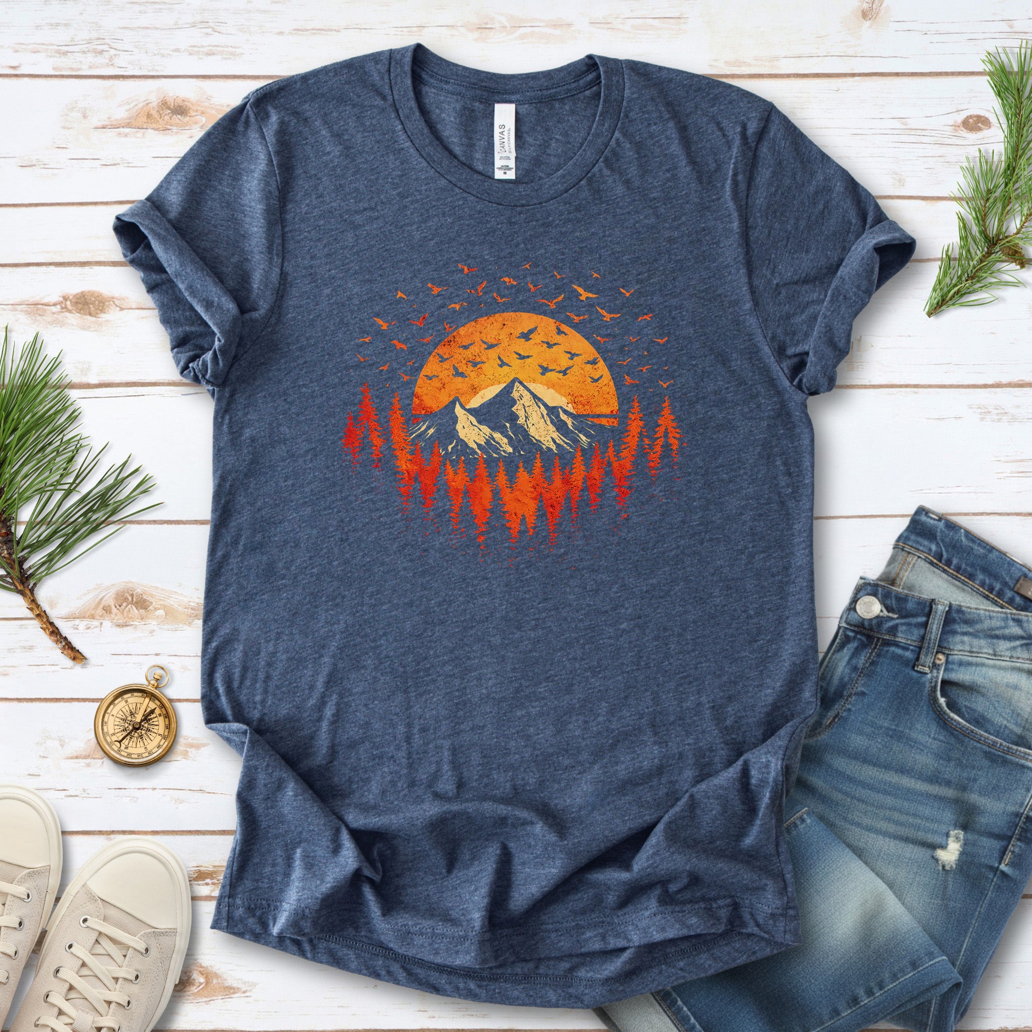 Sunset Mountains & Birds T-Shirt – Retro Forest Flight Adventure