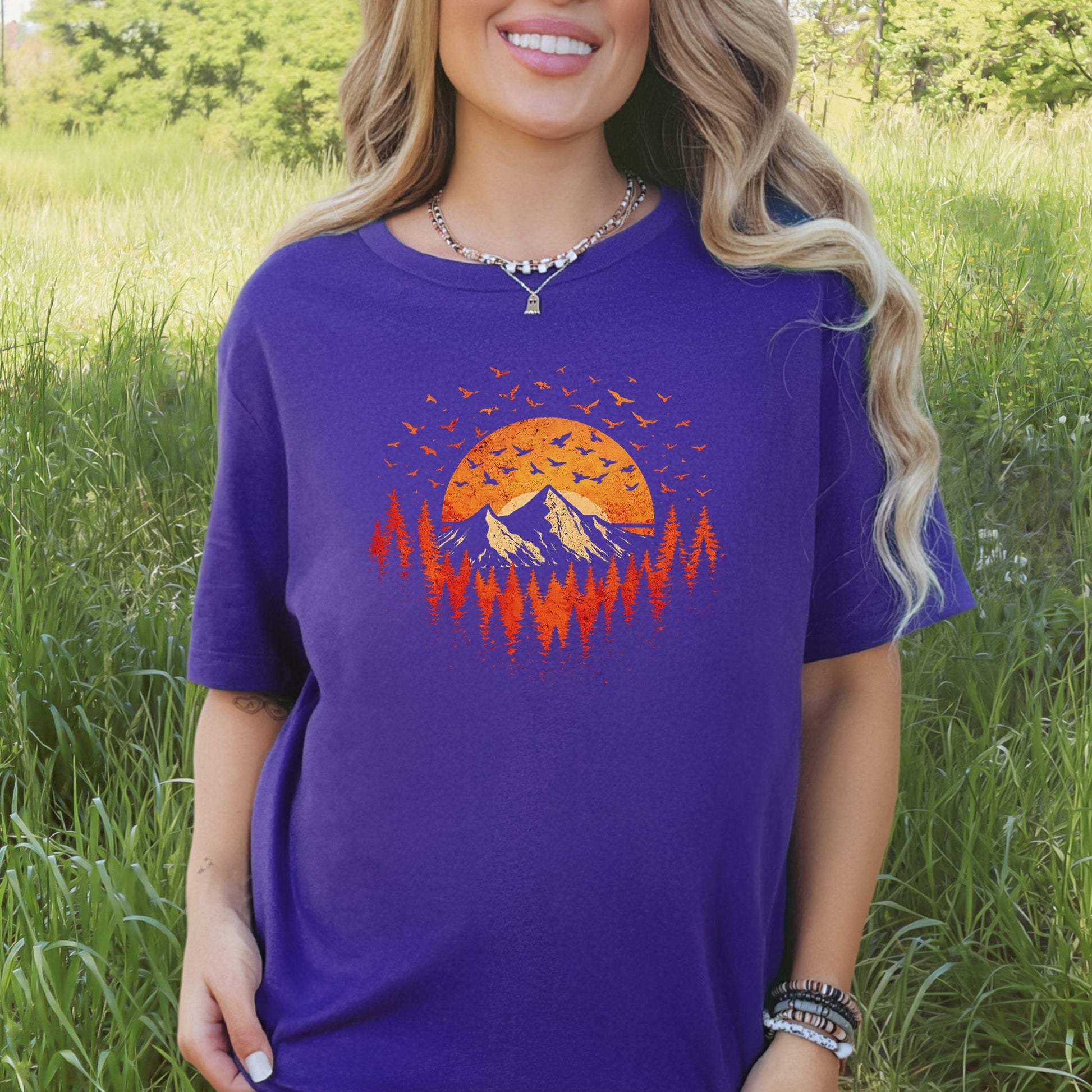 Sunset Mountains & Birds T-Shirt – Retro Forest Flight Adventure