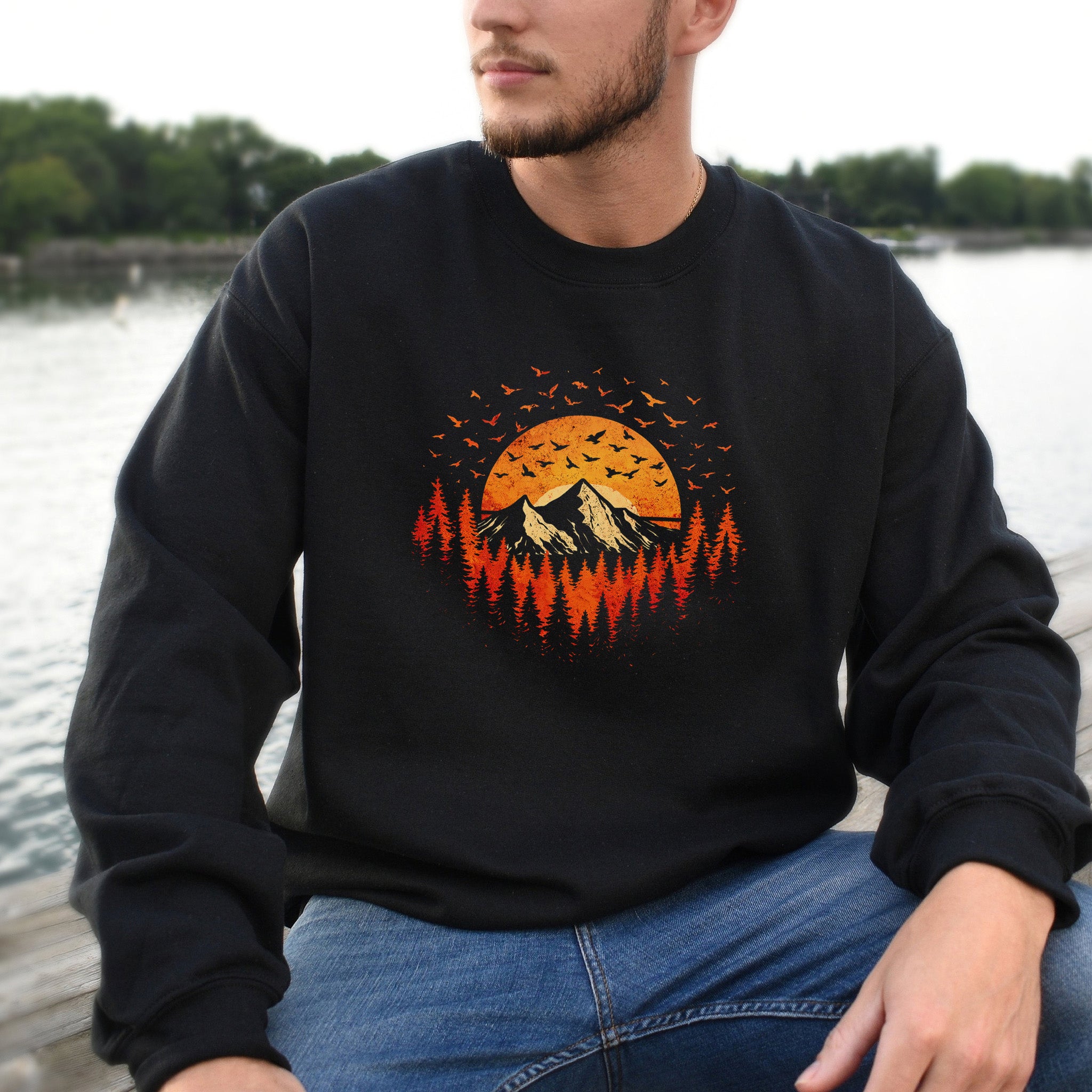 Sunset Mountains & Birds Retro Forest Flight Adventure Sweatshirt