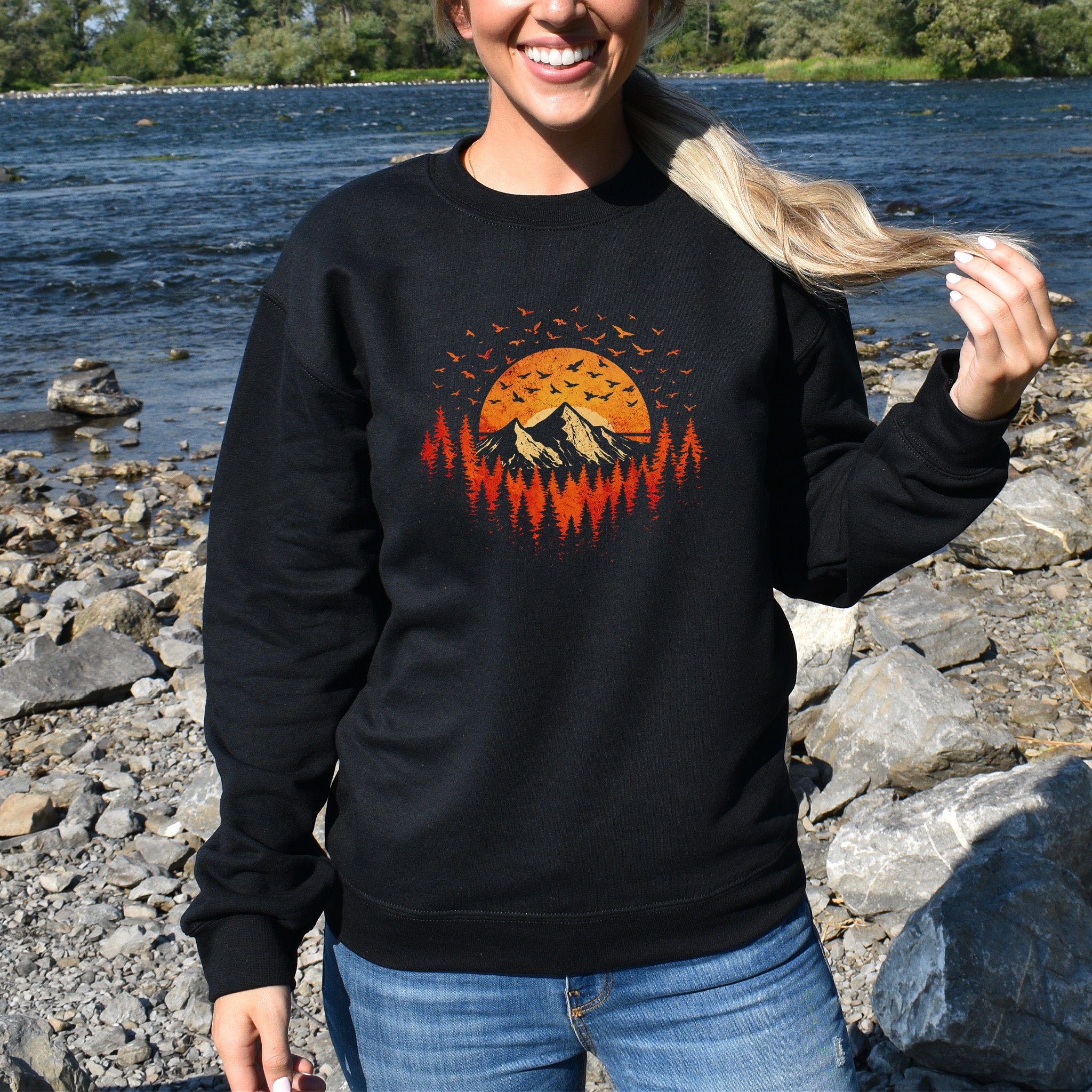 Sunset Mountains & Birds Retro Forest Flight Adventure Sweatshirt