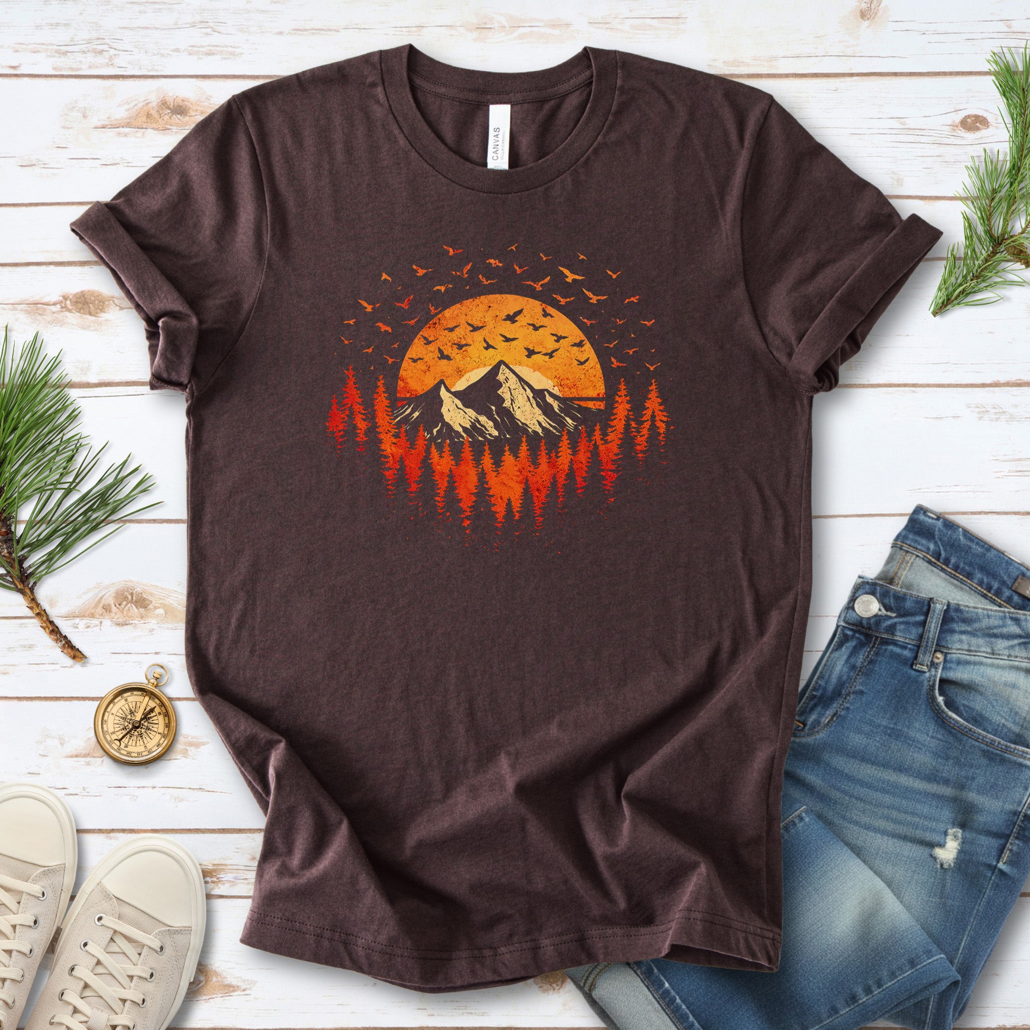 Sunset Mountains & Birds T-Shirt – Retro Forest Flight Adventure