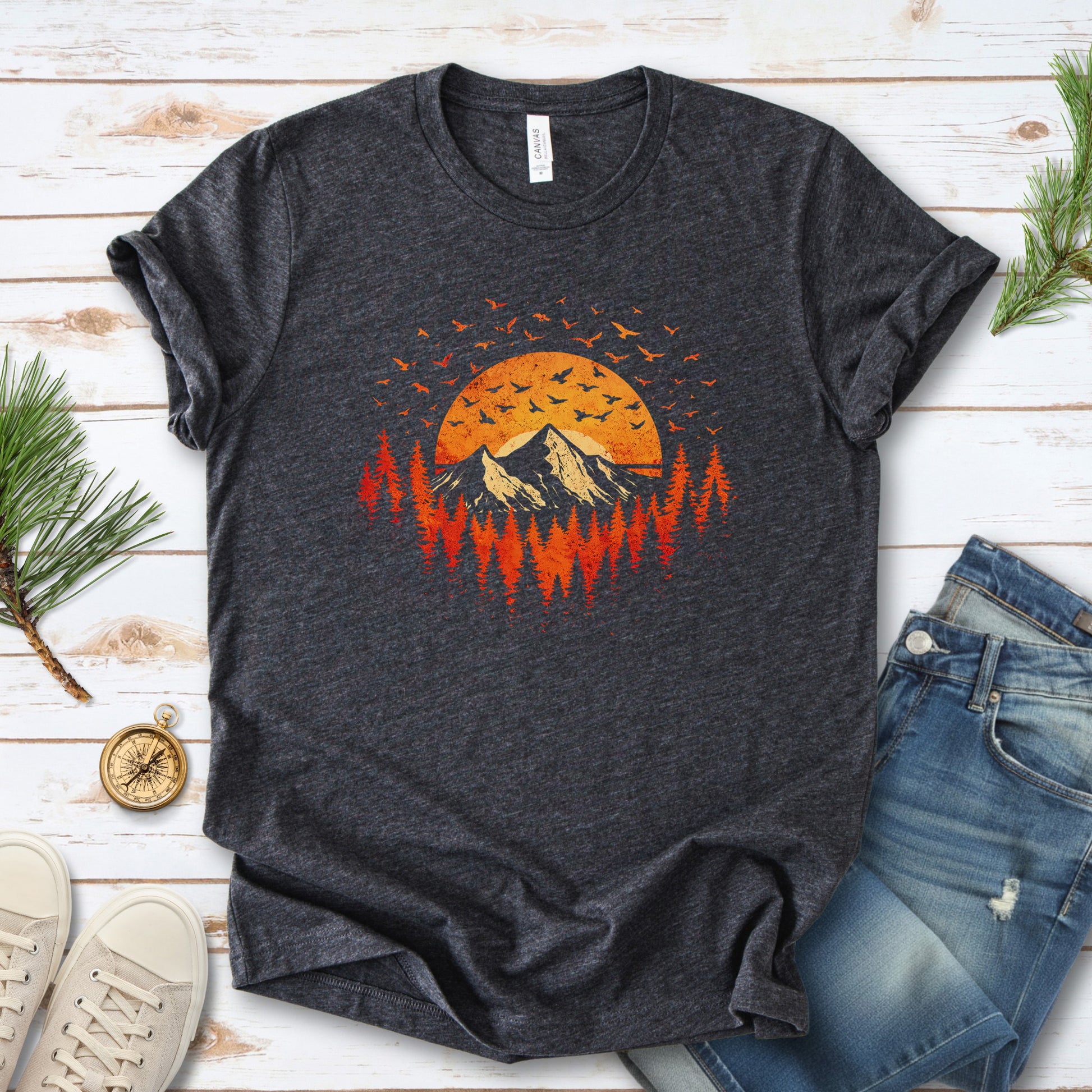 Sunset Mountains & Birds T-Shirt – Retro Forest Flight Adventure