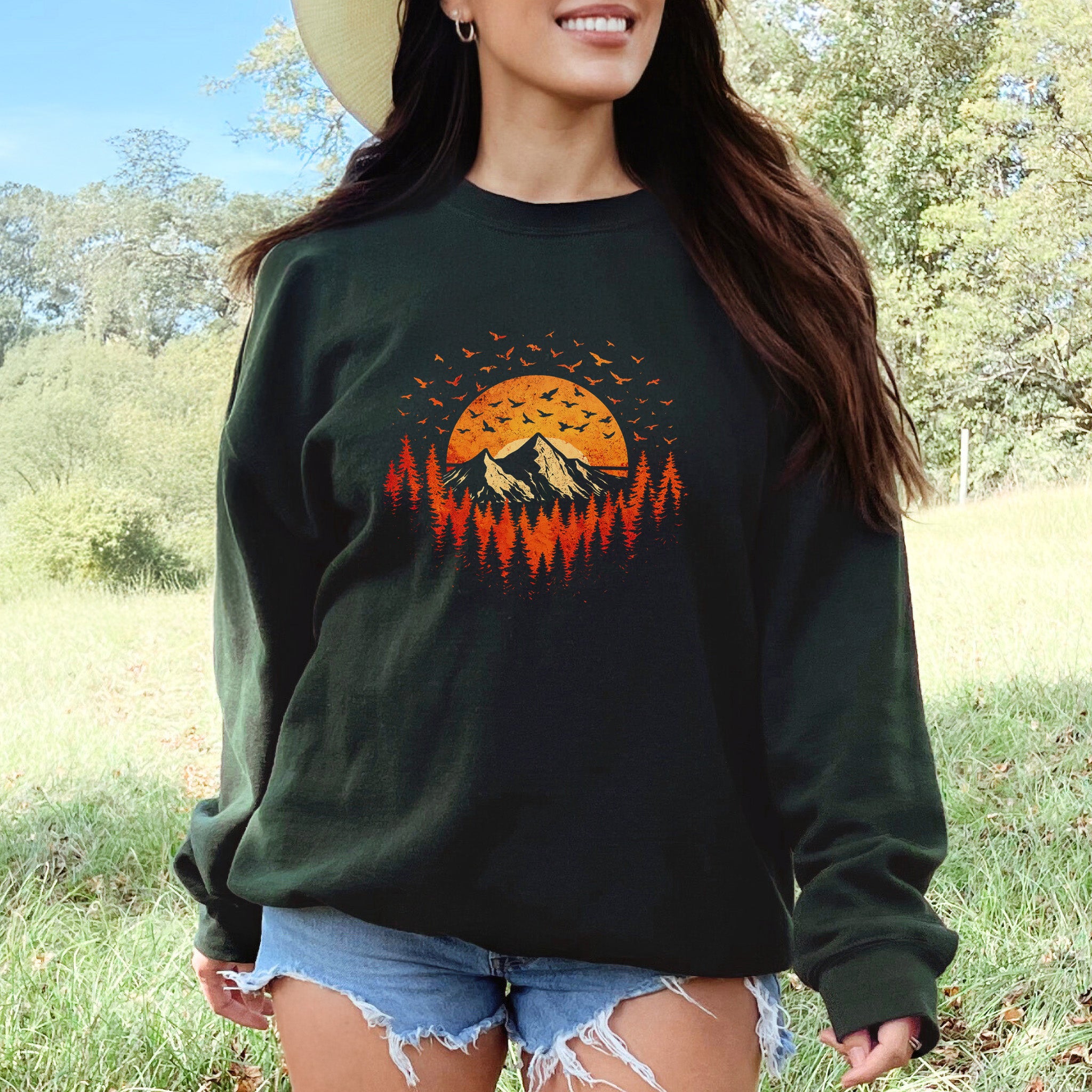 Sunset Mountains & Birds Retro Forest Flight Adventure Sweatshirt