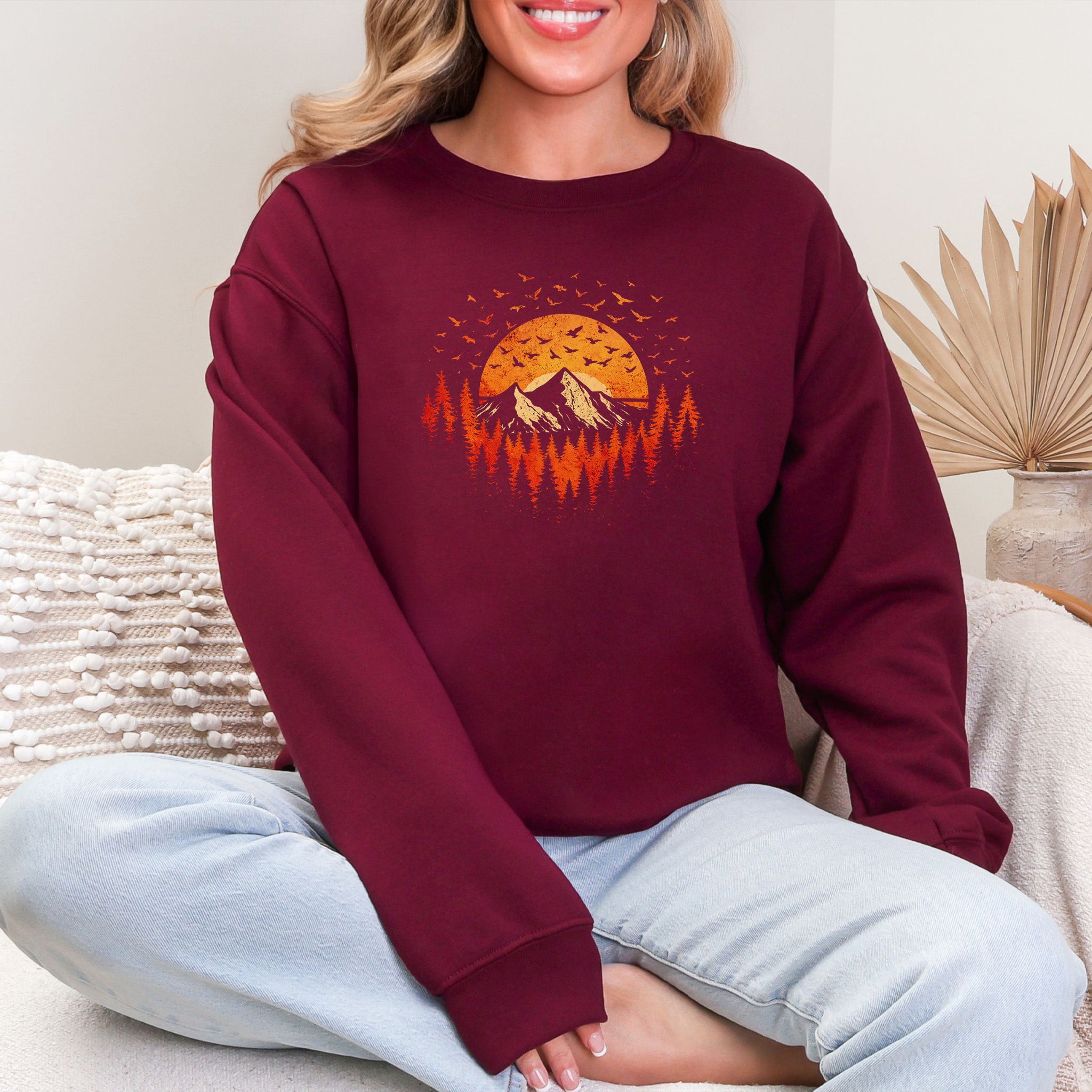 Sunset Mountains & Birds Retro Forest Flight Adventure Sweatshirt