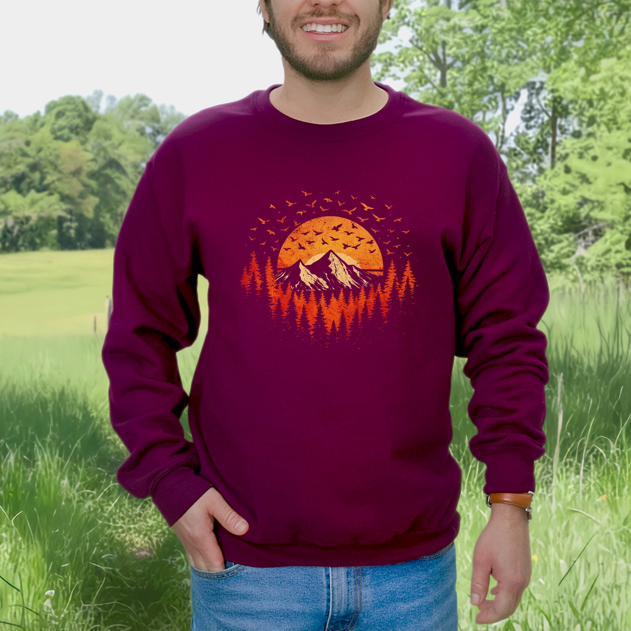 Sunset Mountains & Birds Retro Forest Flight Adventure Sweatshirt
