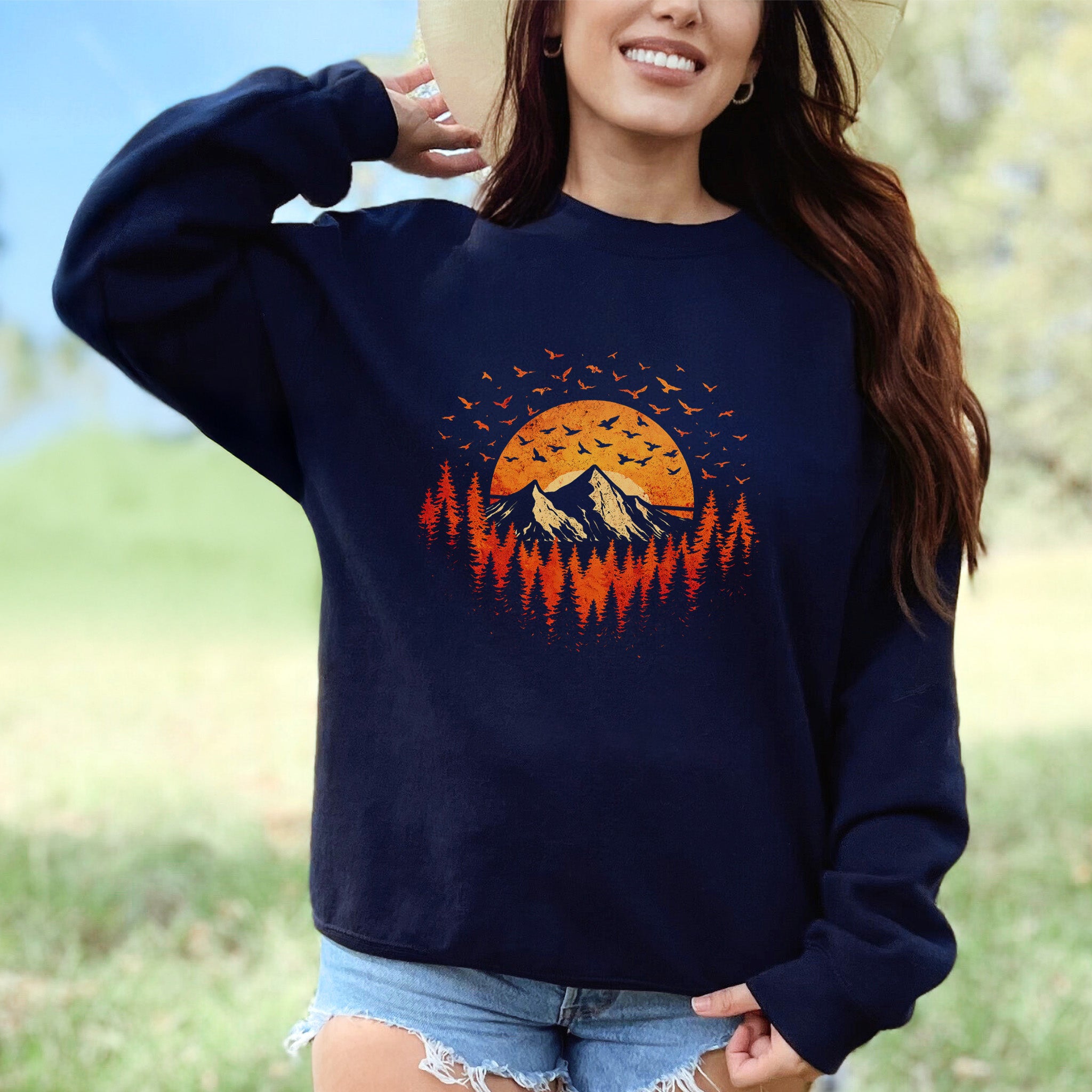 Sunset Mountains & Birds Retro Forest Flight Adventure Sweatshirt