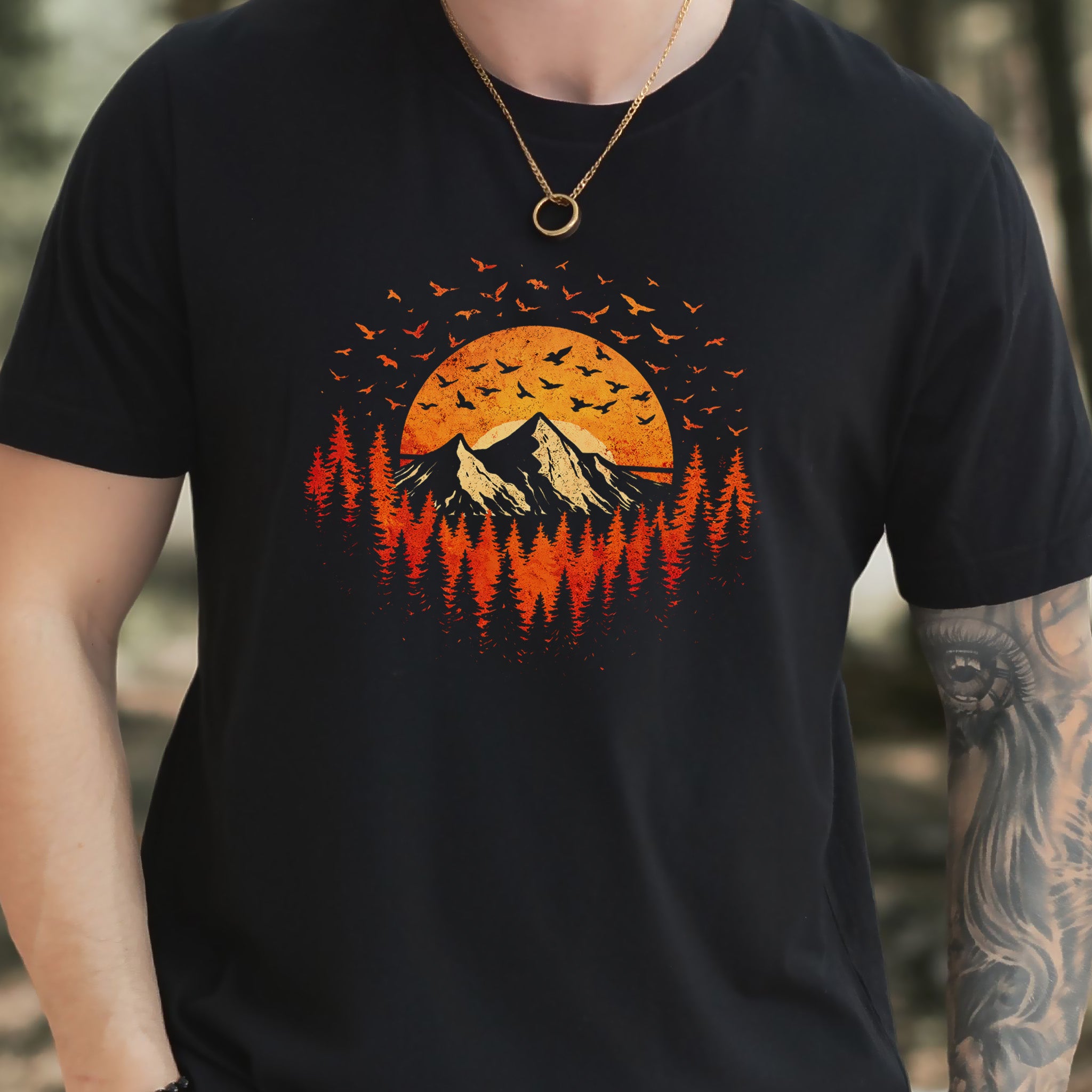 Sunset Mountains & Birds T-Shirt – Retro Forest Flight Adventure