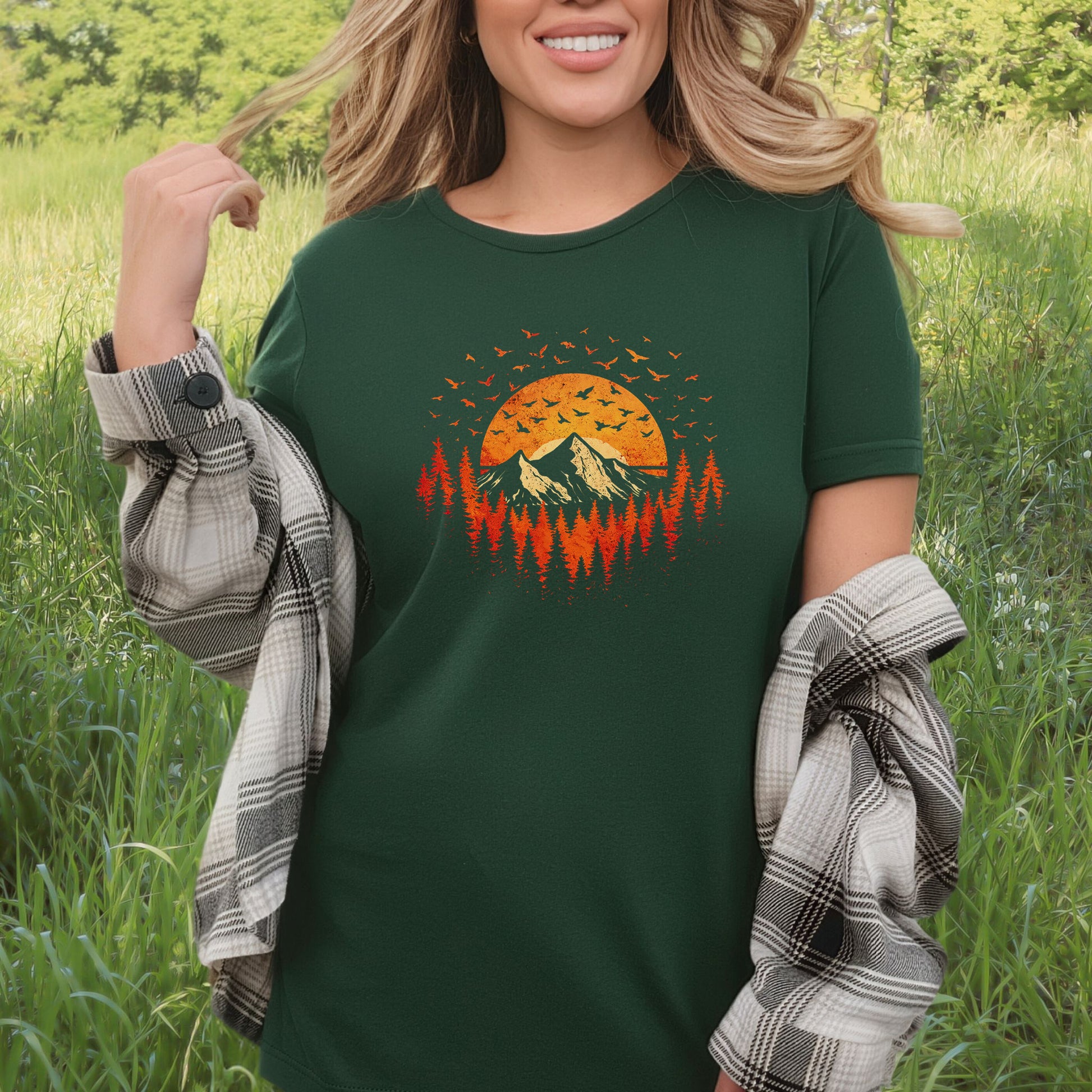 Sunset Mountains & Birds T-Shirt – Retro Forest Flight Adventure