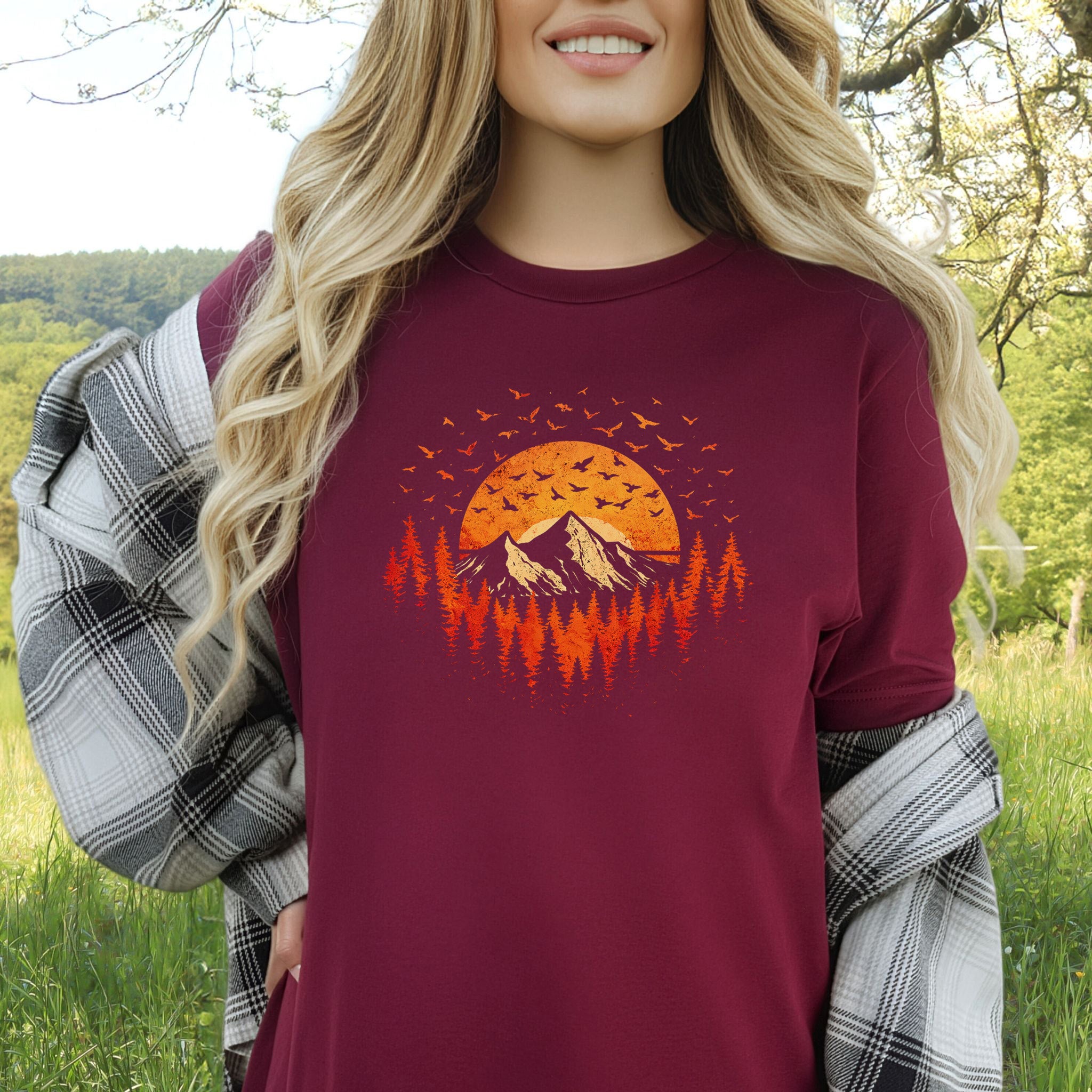 Sunset Mountains & Birds T-Shirt – Retro Forest Flight Adventure