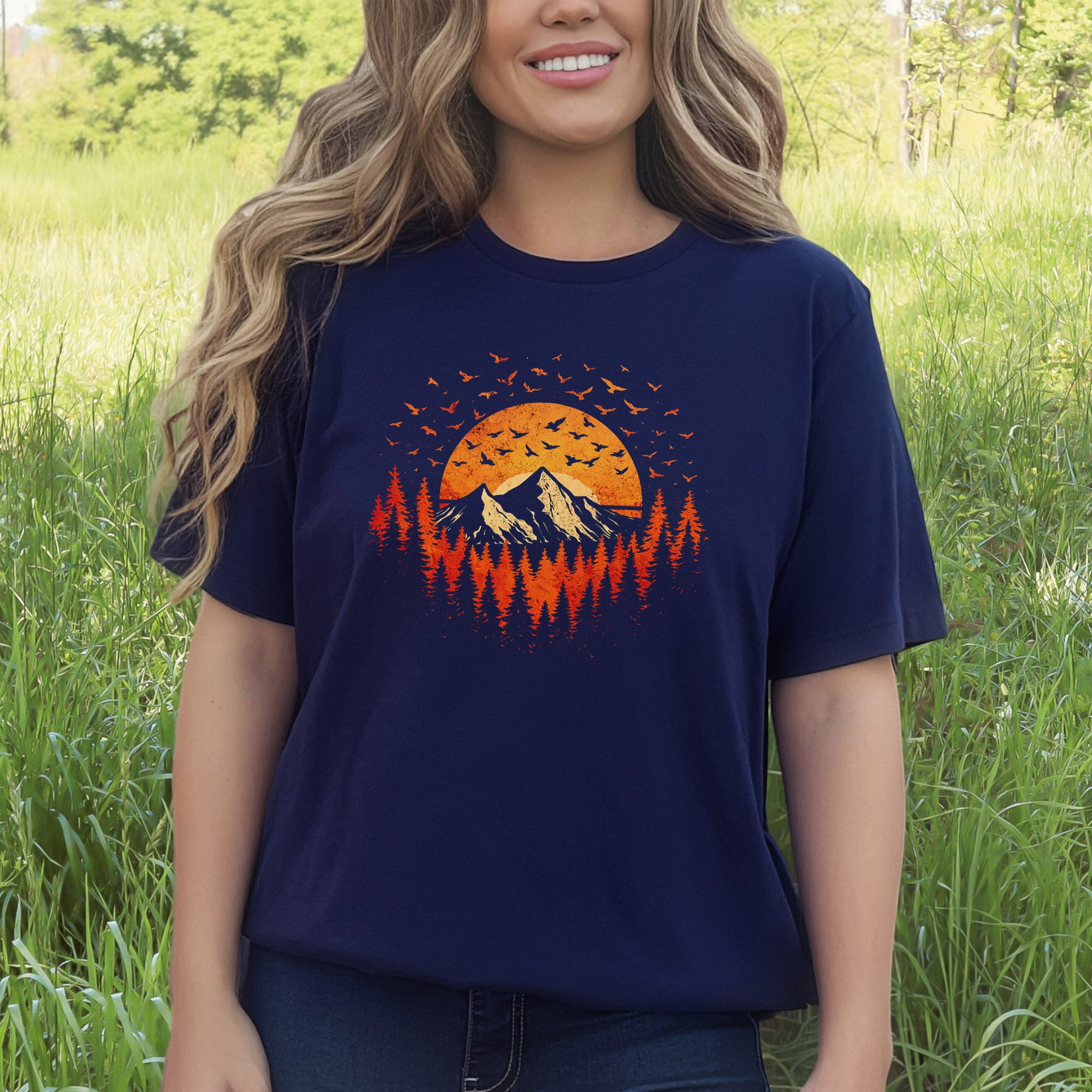 Sunset Mountains & Birds T-Shirt – Retro Forest Flight Adventure