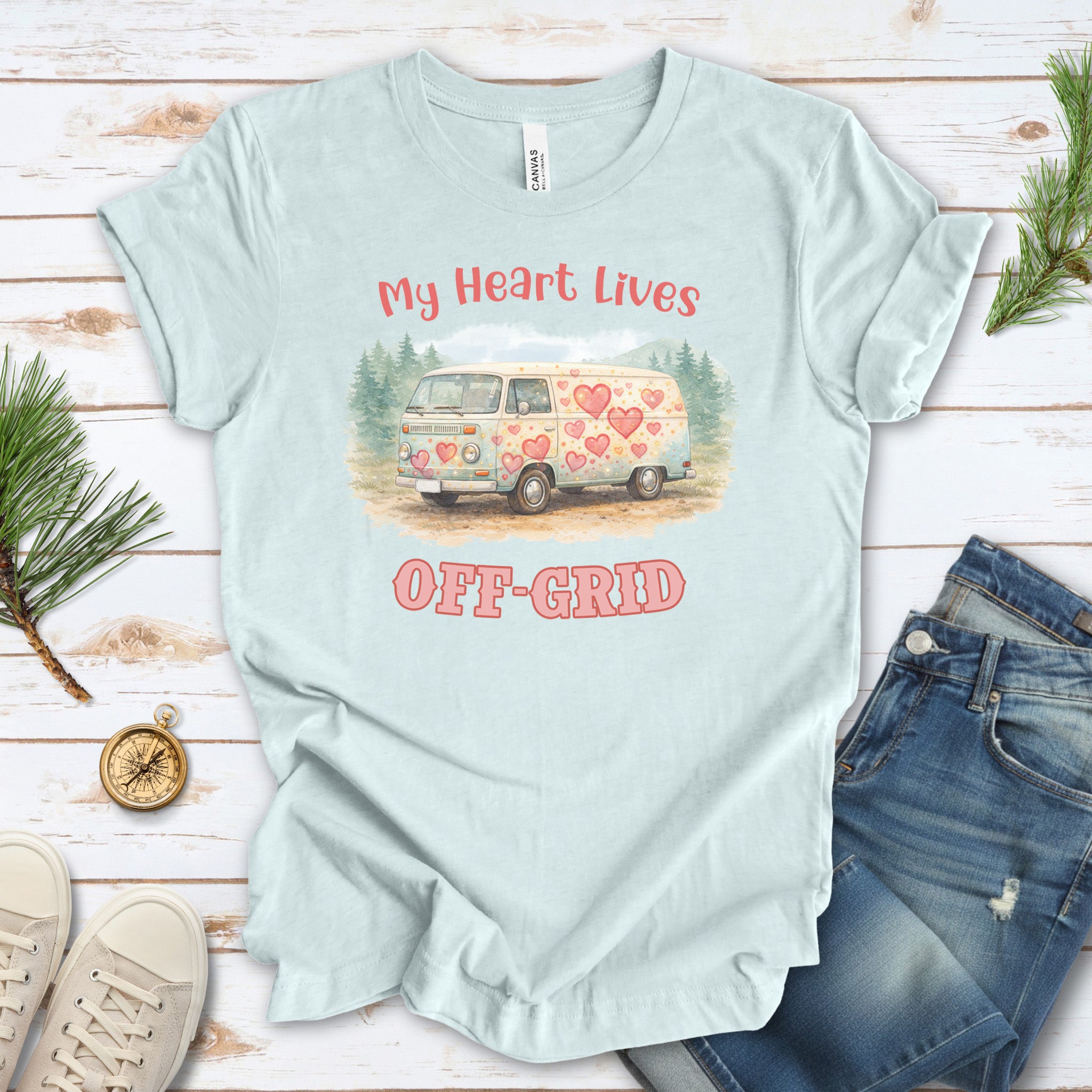 My Heart Lives Off-Grid Retro Vanlife Valentine Adventure T-Shirt