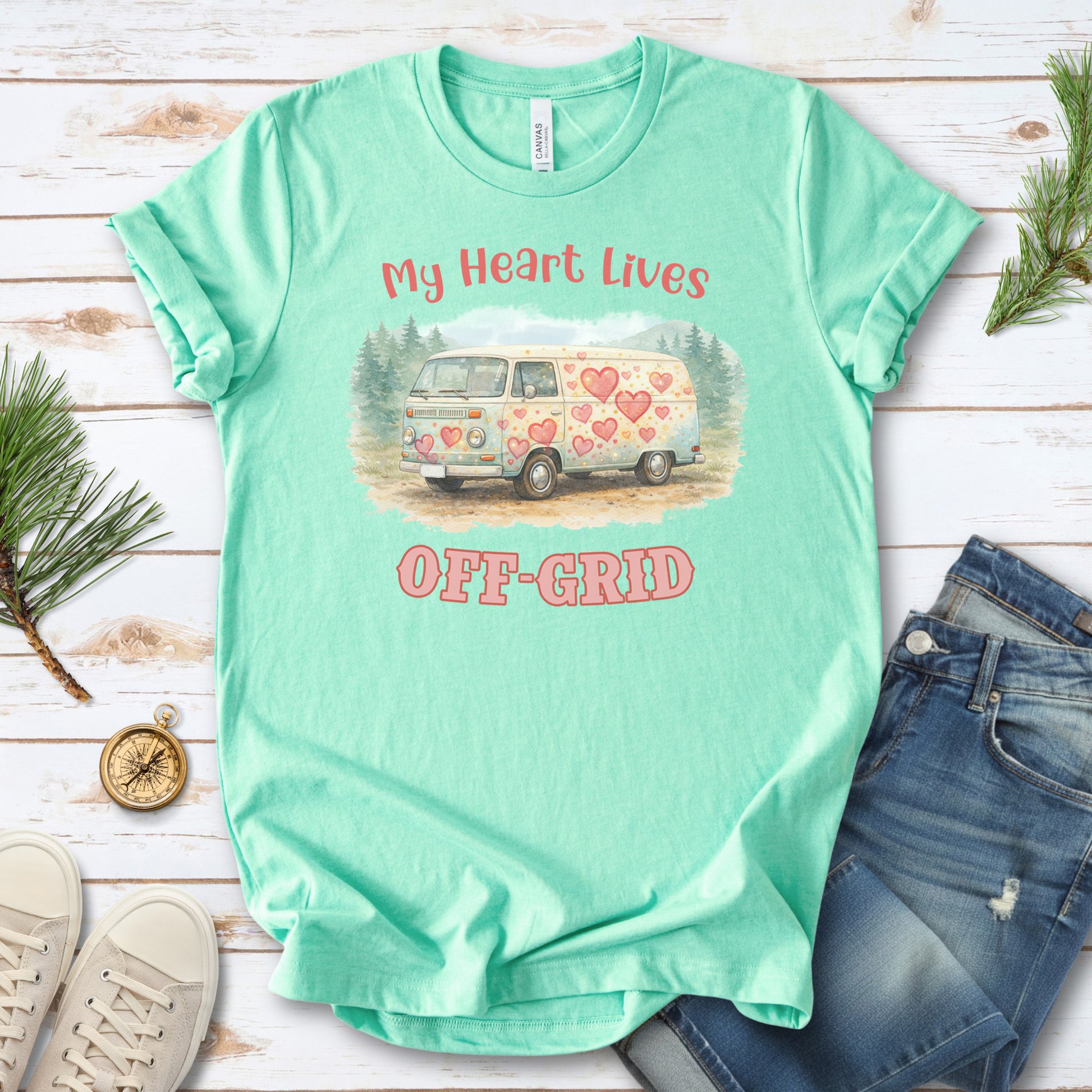 My Heart Lives Off-Grid Retro Vanlife Valentine Adventure T-Shirt