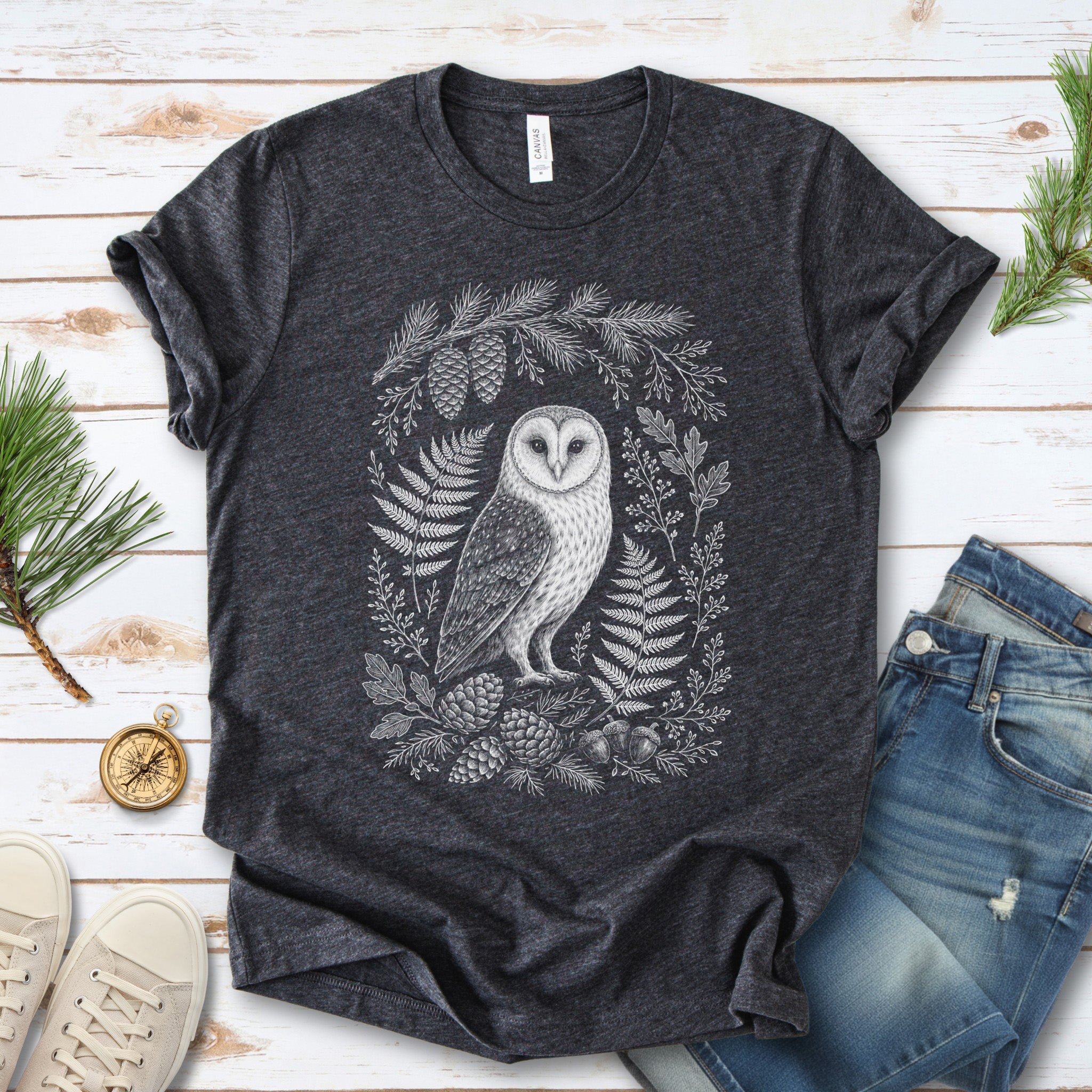 Barn Owl Night Watch Botanical Forestcore T-Shirt