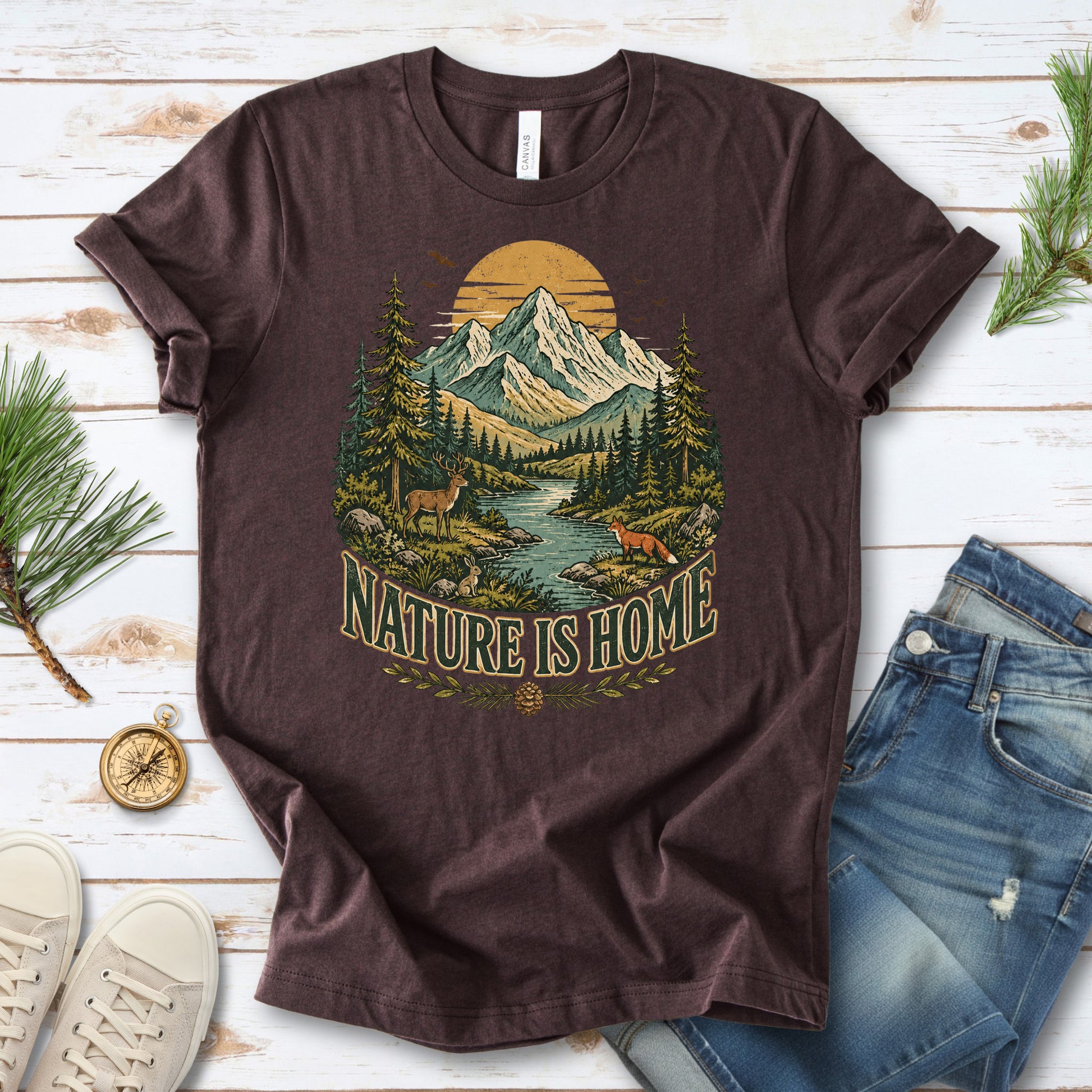 Nature Is Home Retro Mountain Wildlife Earth Day Nature Lover Gift T-Shirt