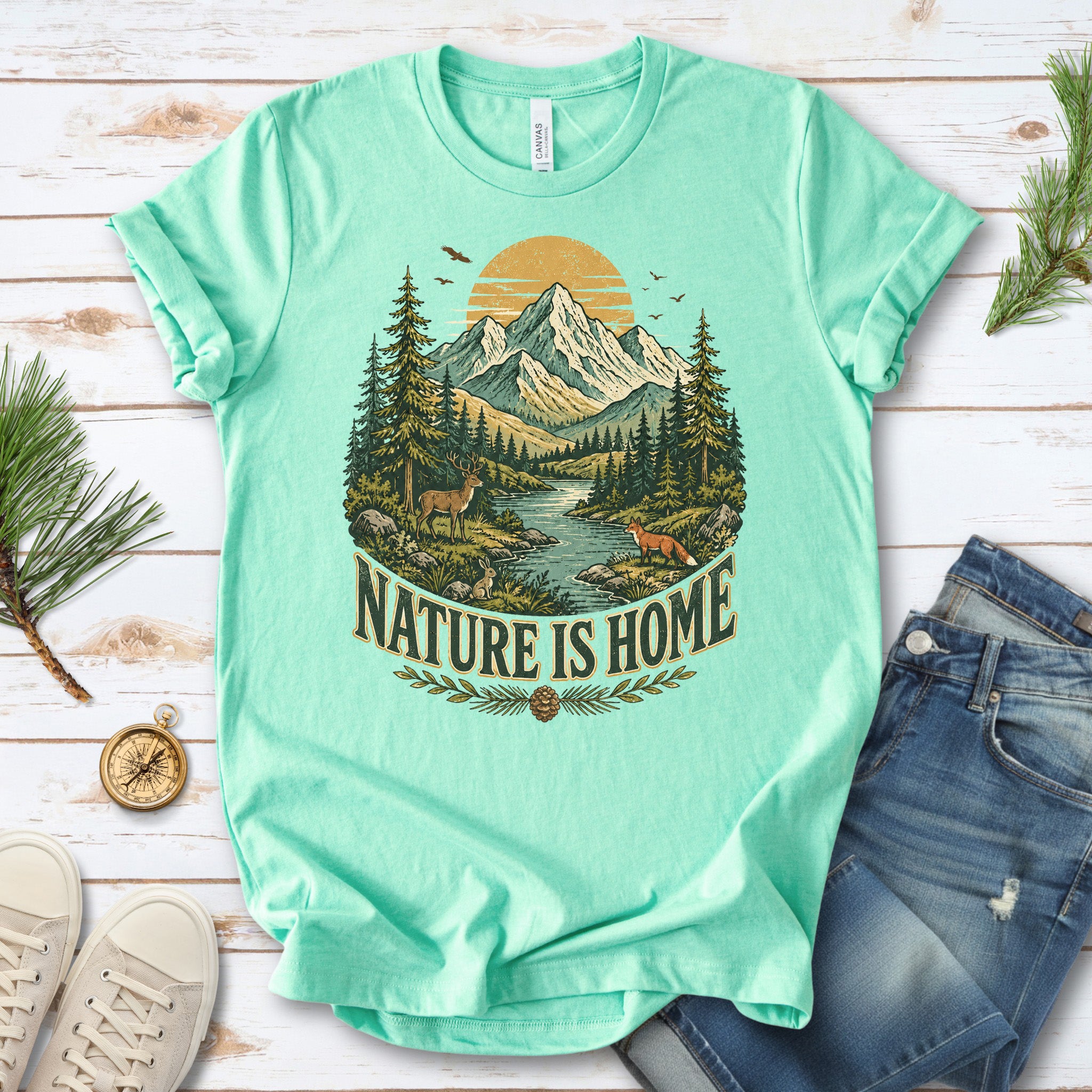 Nature Is Home Retro Mountain Wildlife Earth Day Nature Lover Gift T-Shirt