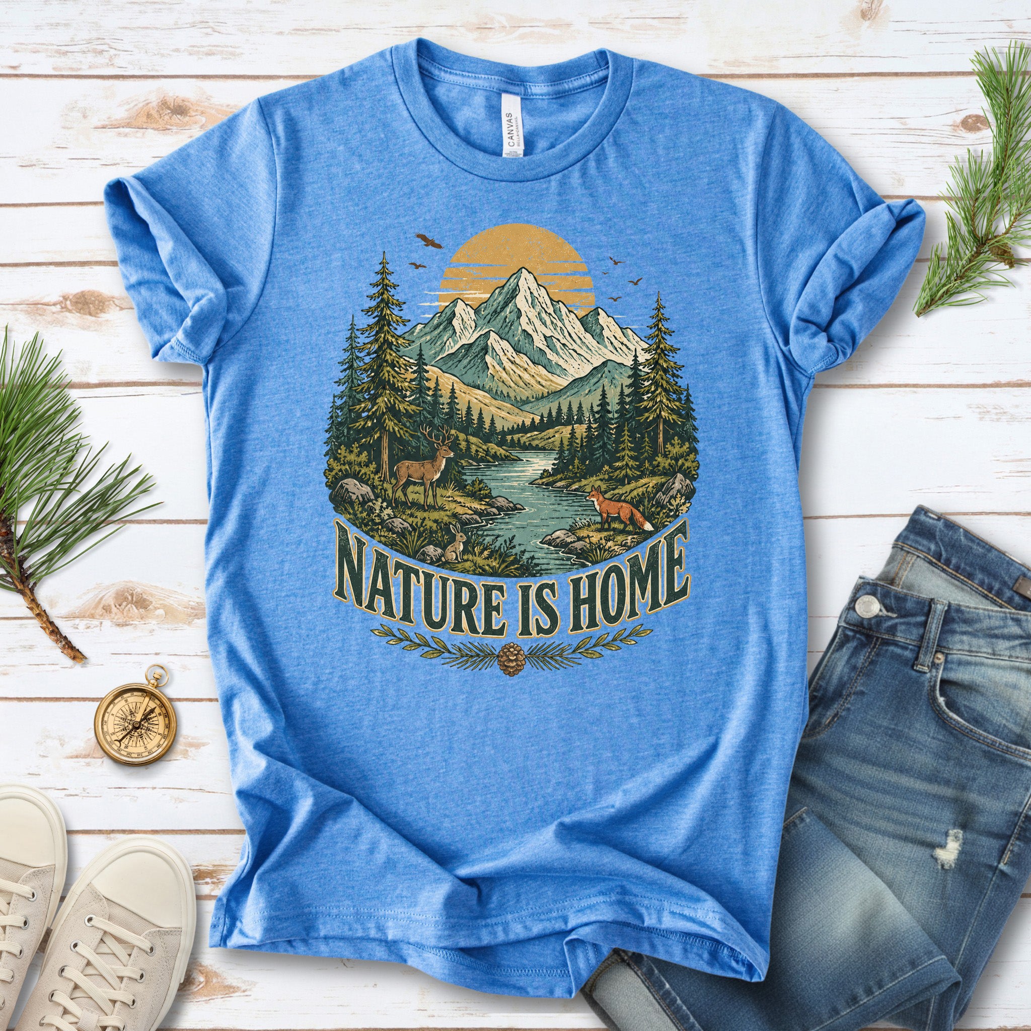 Nature Is Home Retro Mountain Wildlife Earth Day Nature Lover Gift T-Shirt