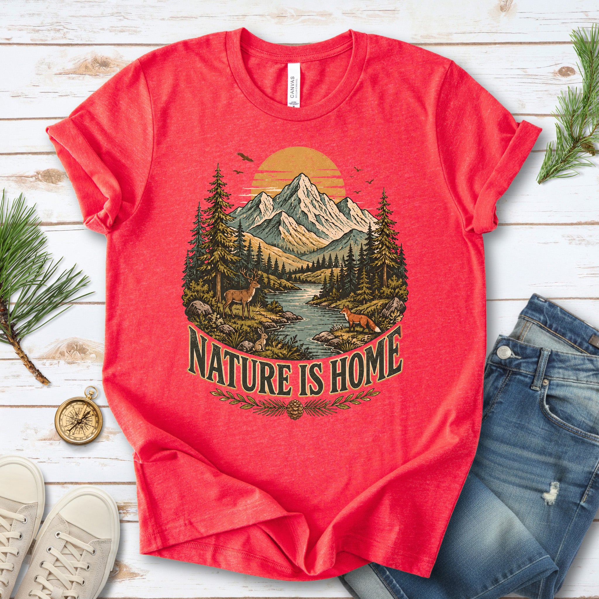 Nature Is Home Retro Mountain Wildlife Earth Day Nature Lover Gift T-Shirt