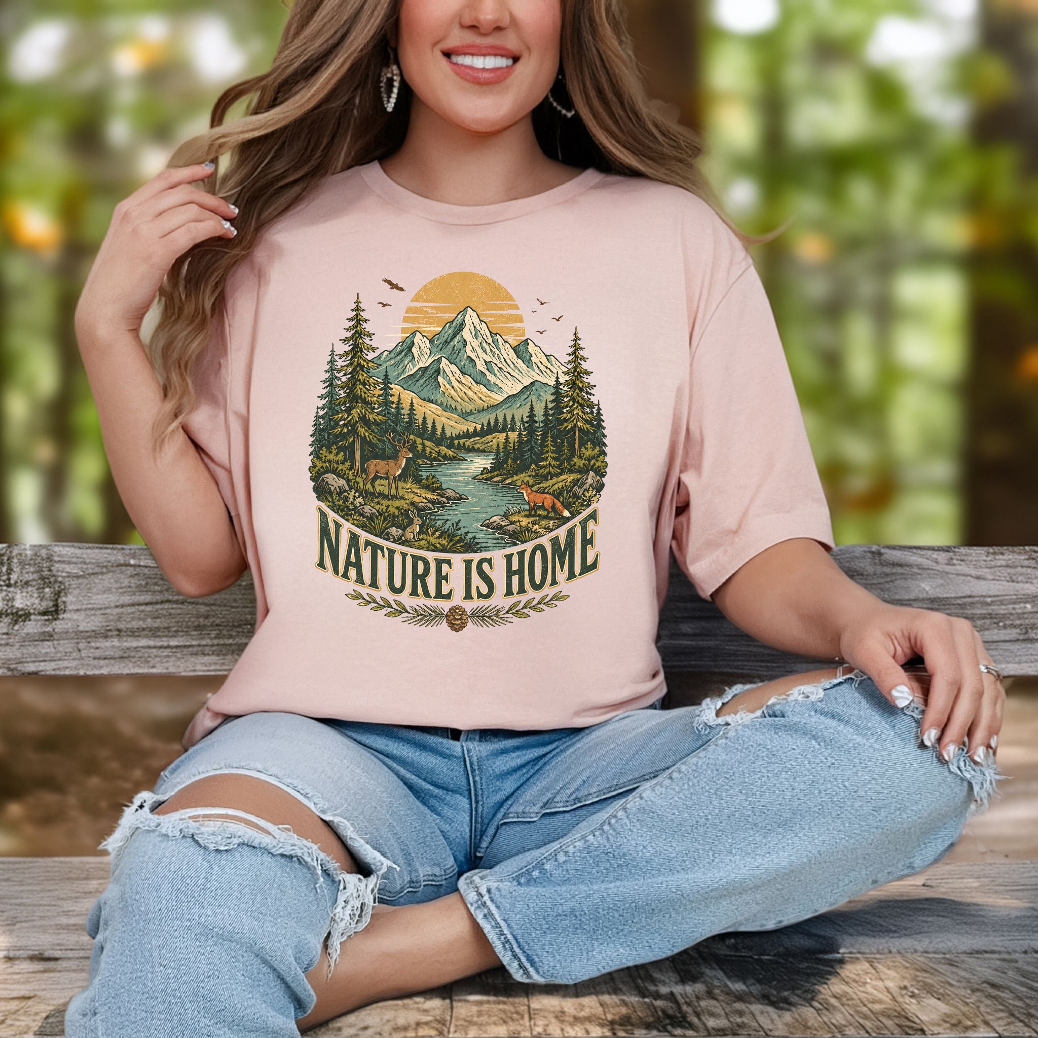 Nature Is Home Retro Mountain Wildlife Earth Day Nature Lover Gift T-Shirt