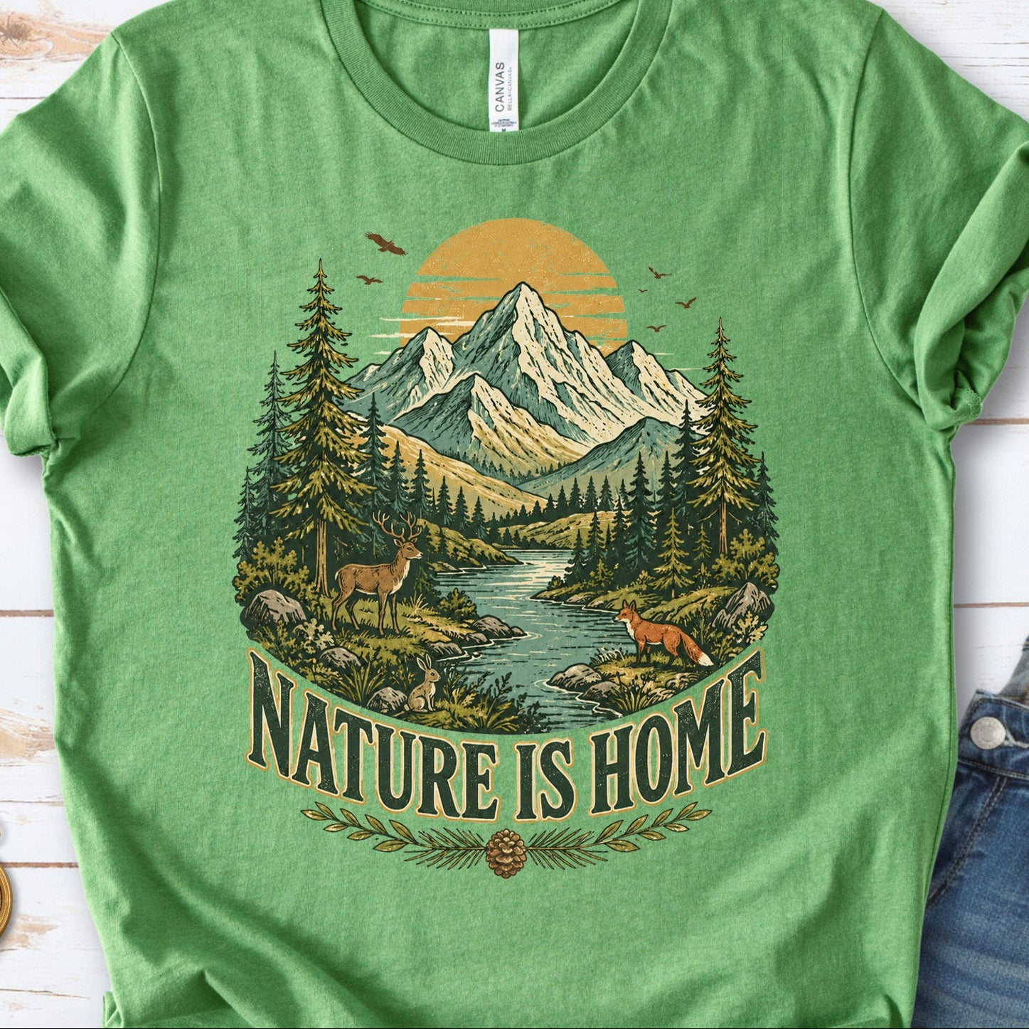 Nature Is Home Retro Mountain Wildlife Earth Day Nature Lover Gift T-Shirt