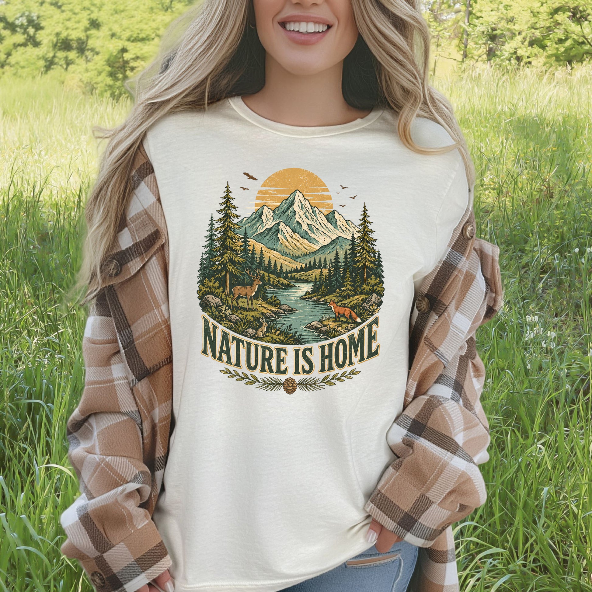 Nature Is Home Retro Mountain Wildlife Earth Day Nature Lover Gift T-Shirt
