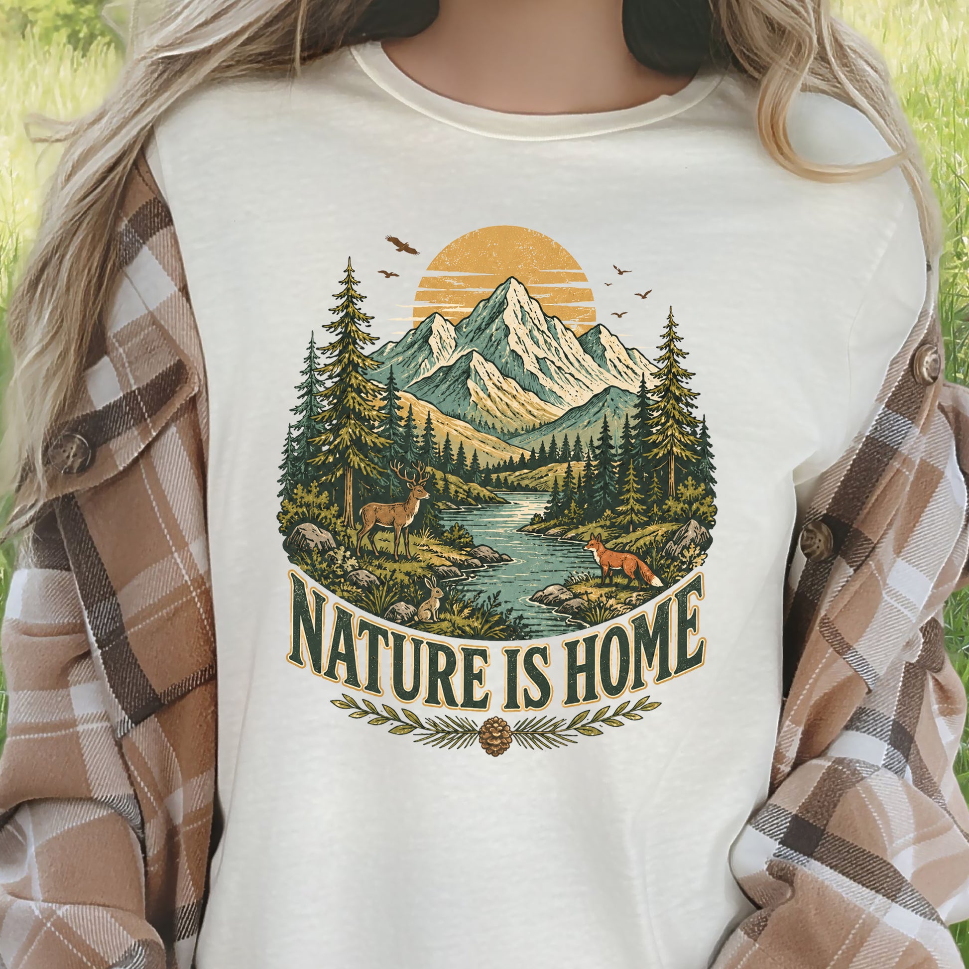 Nature Is Home Retro Mountain Wildlife Earth Day Nature Lover Gift T-Shirt