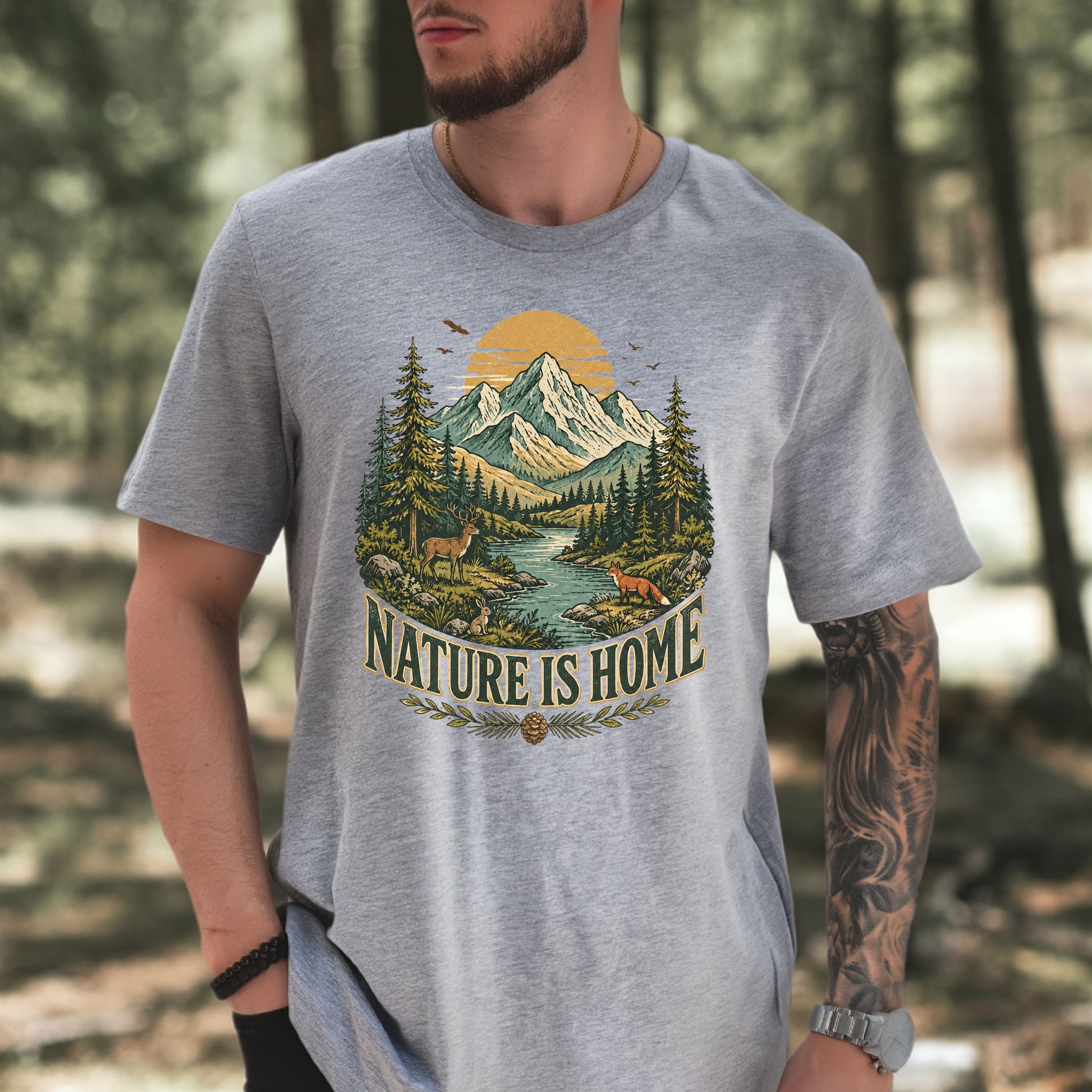 Nature Is Home Retro Mountain Wildlife Earth Day Nature Lover Gift T-Shirt