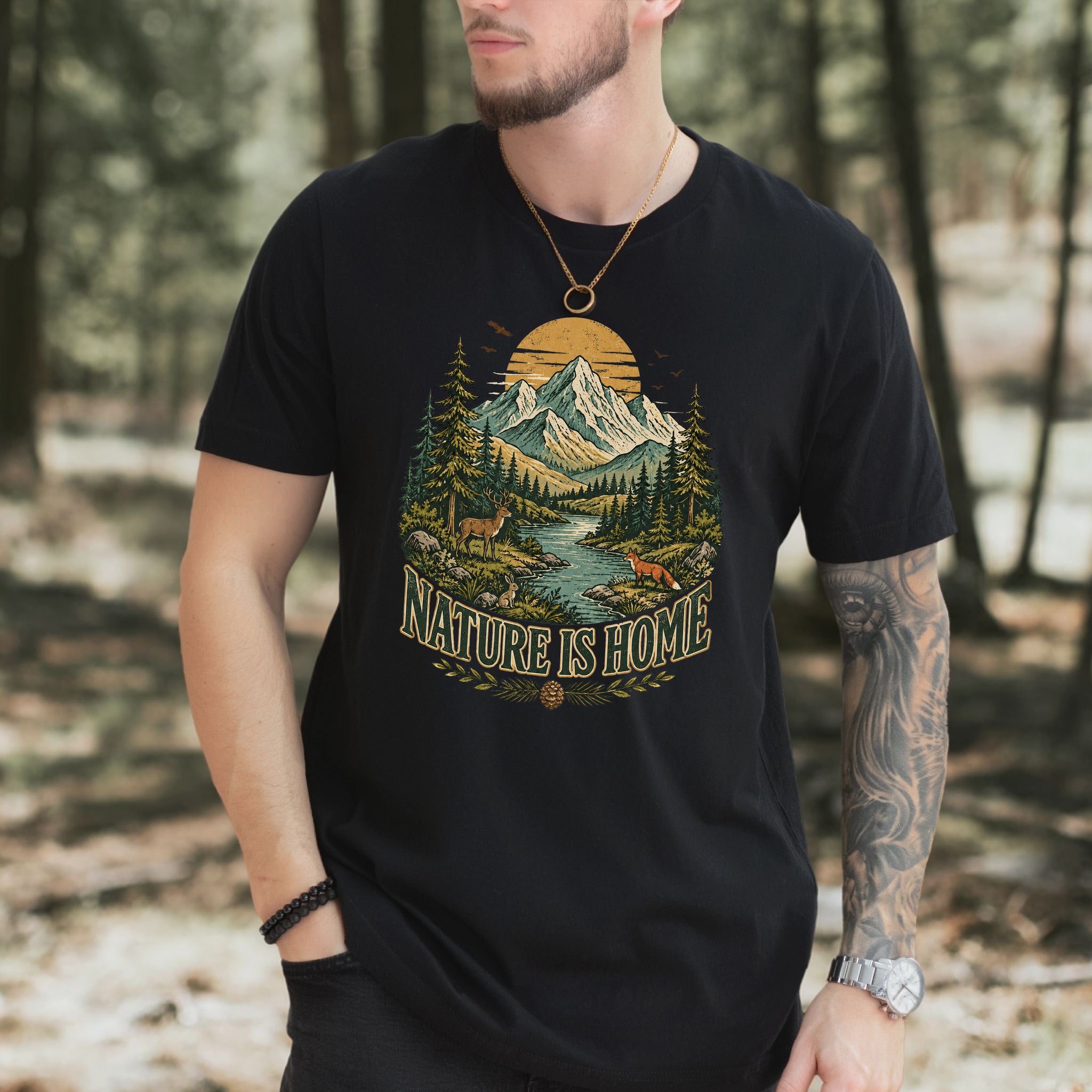 Nature Is Home Retro Mountain Wildlife Earth Day Nature Lover Gift T-Shirt