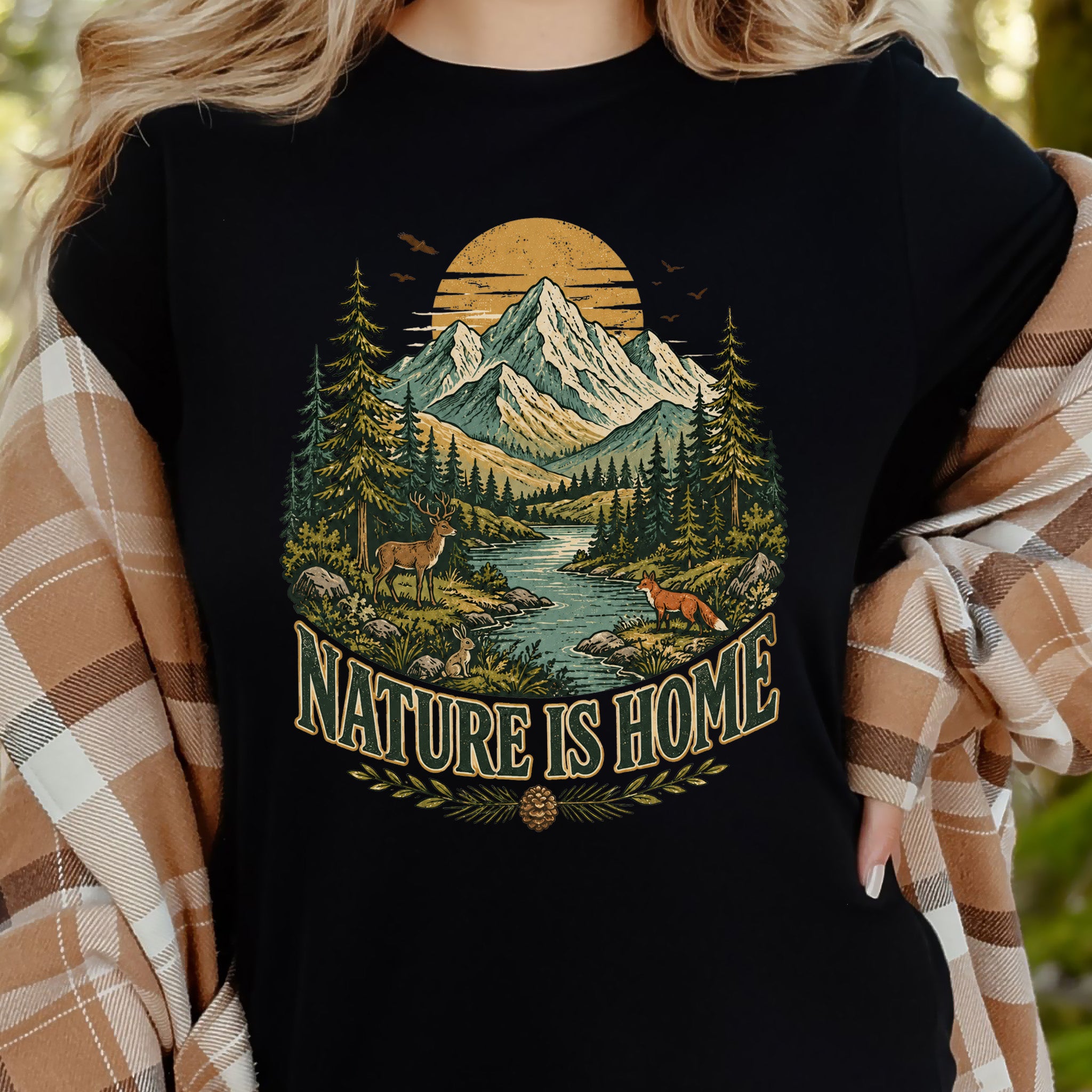 Nature Is Home Retro Mountain Wildlife Earth Day Nature Lover Gift T-Shirt
