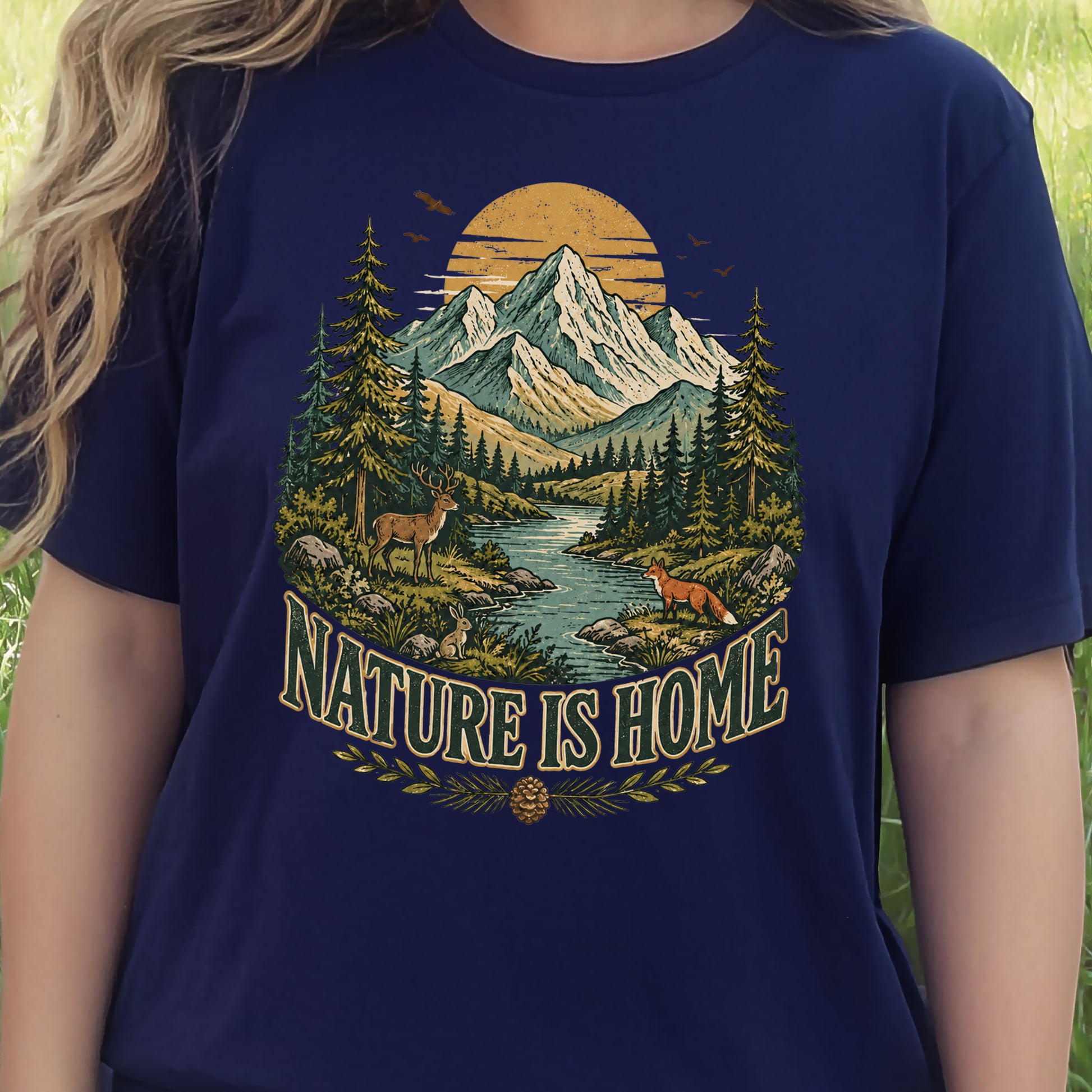 Nature Is Home Retro Mountain Wildlife Earth Day Nature Lover Gift T-Shirt