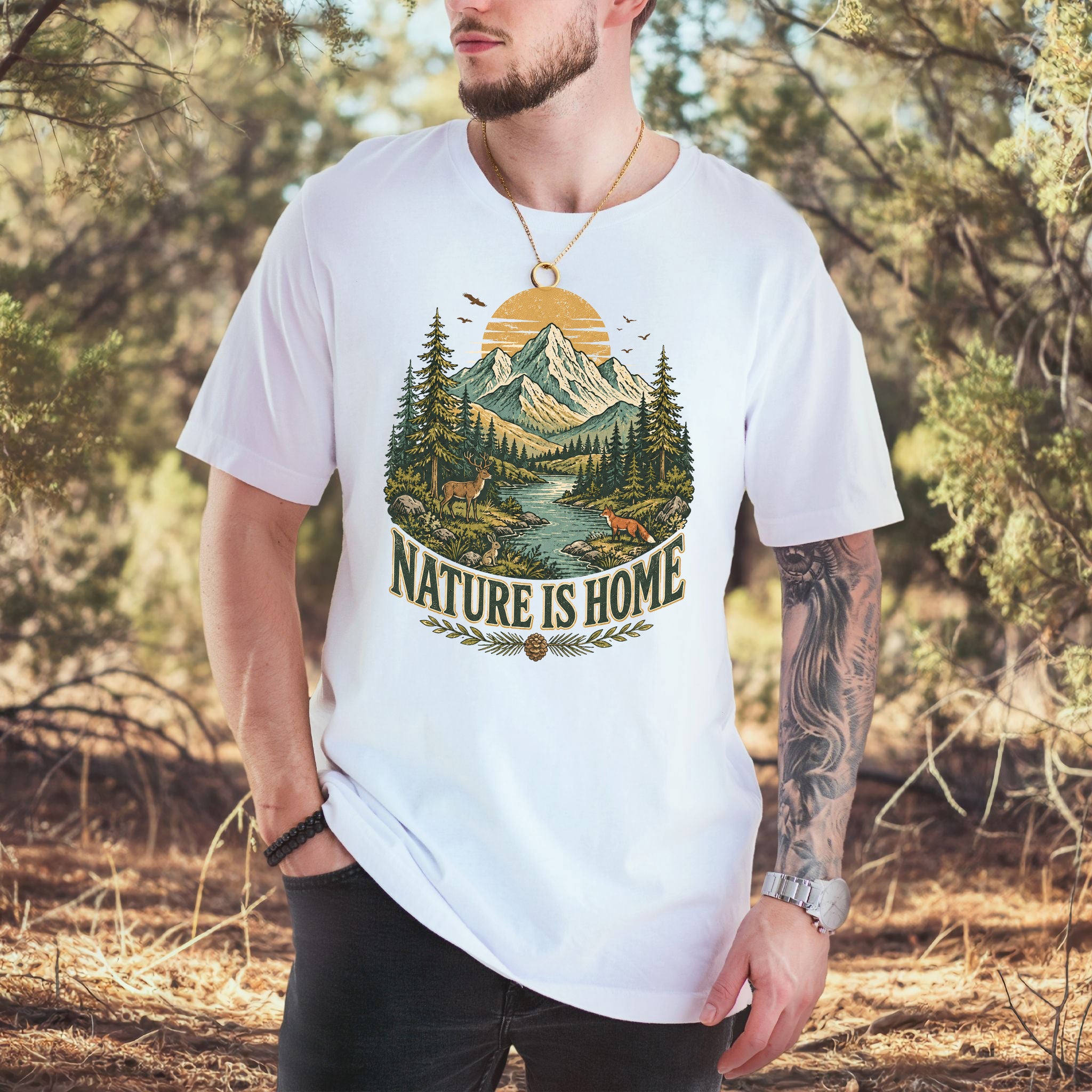 Nature Is Home Retro Mountain Wildlife Earth Day Nature Lover Gift T-Shirt