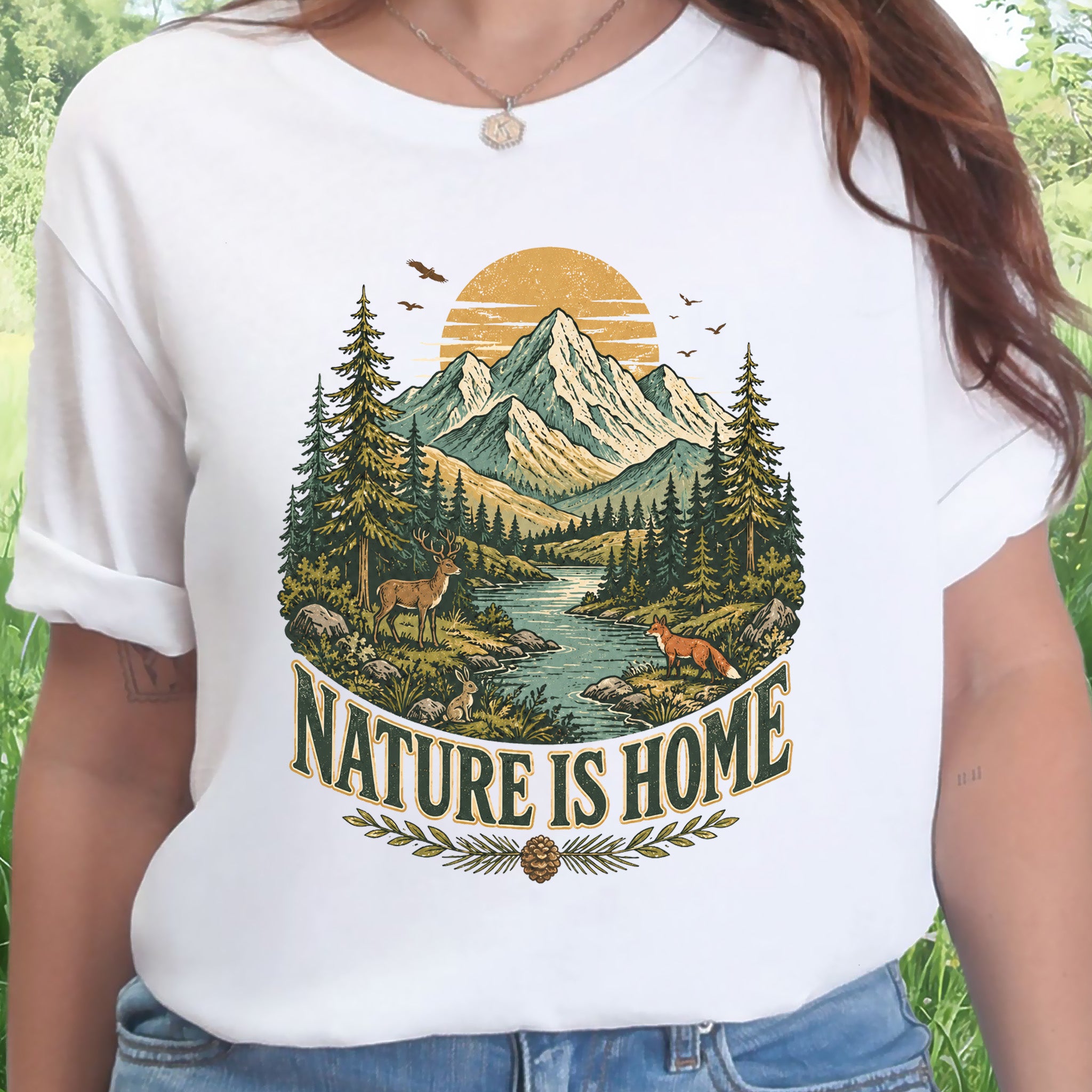 Nature Is Home Retro Mountain Wildlife Earth Day Nature Lover Gift T-Shirt
