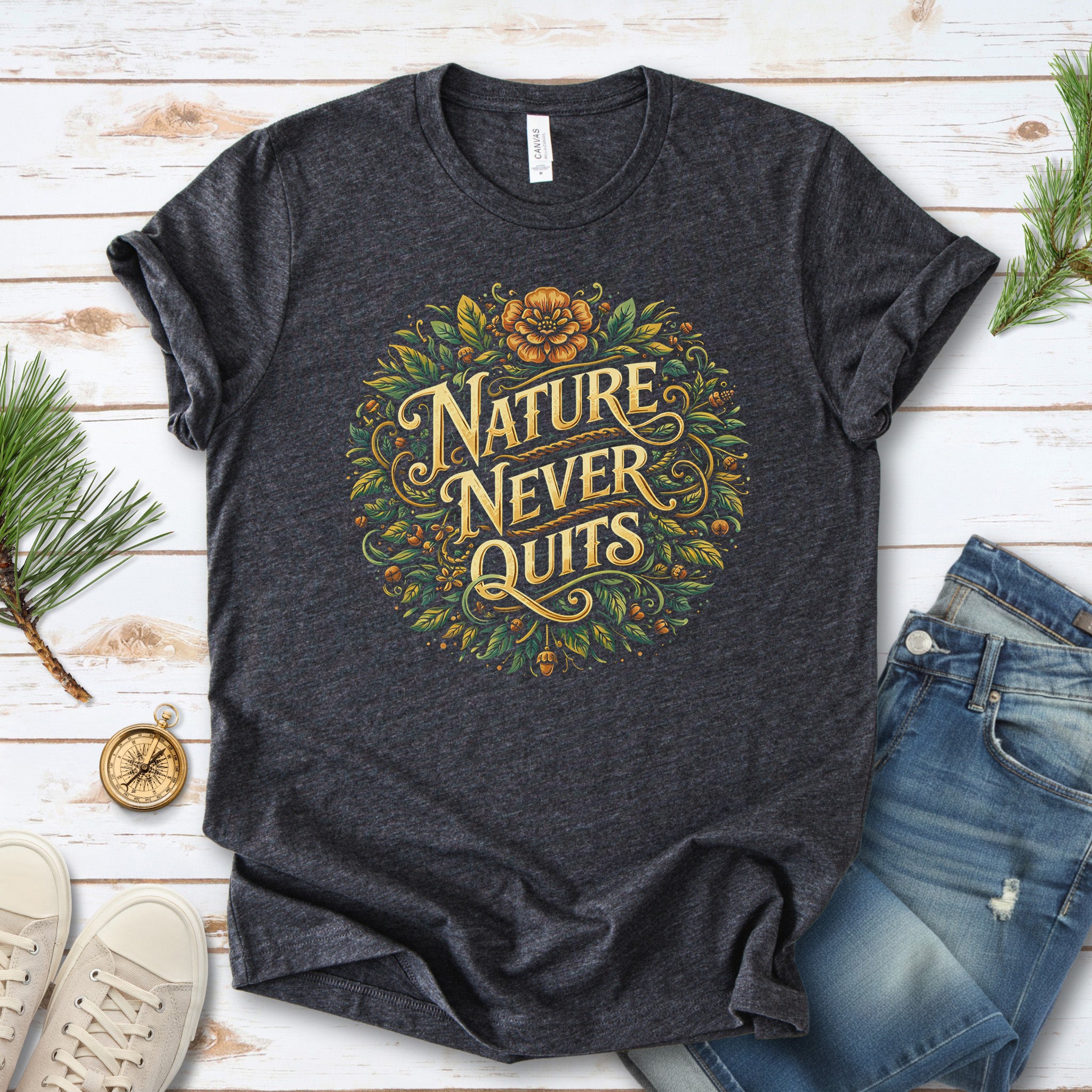 Nature Never Quits Vintage Botanical Floral Adventure T-Shirt