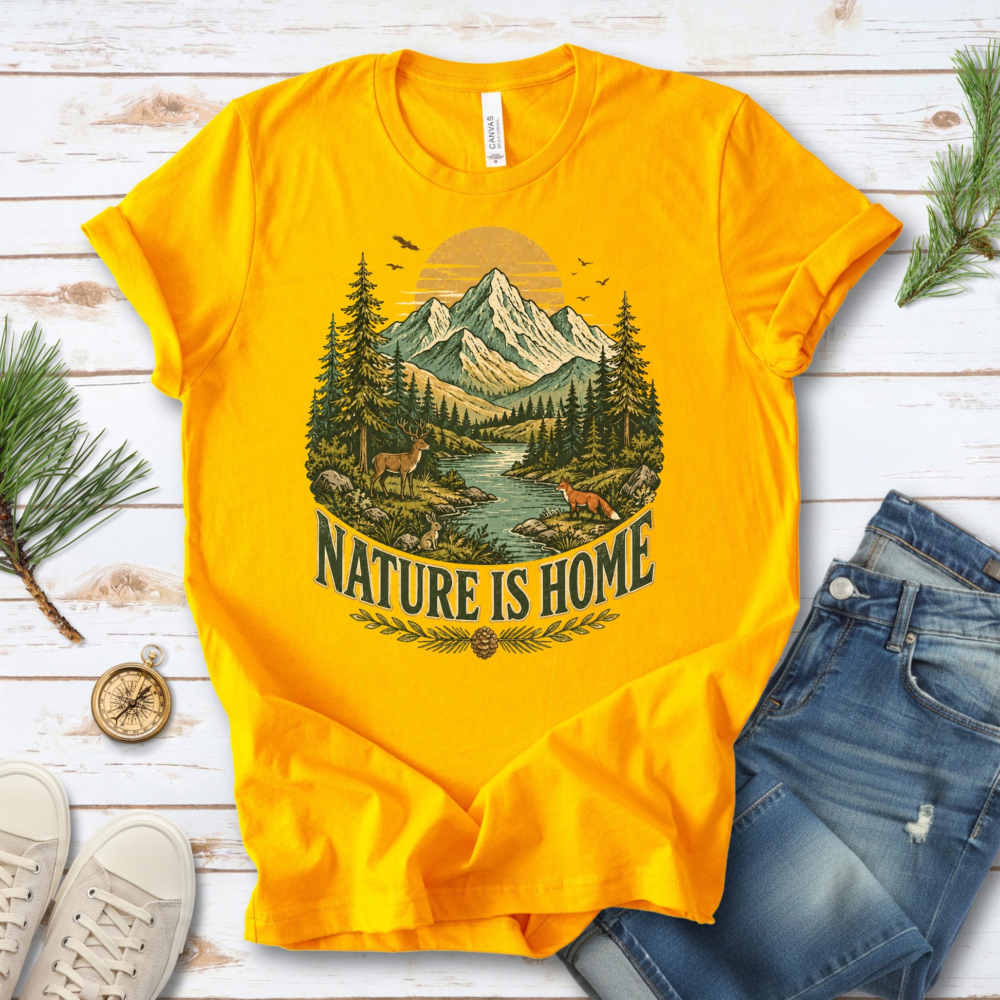 Nature Is Home Retro Mountain Wildlife Earth Day Nature Lover Gift T-Shirt